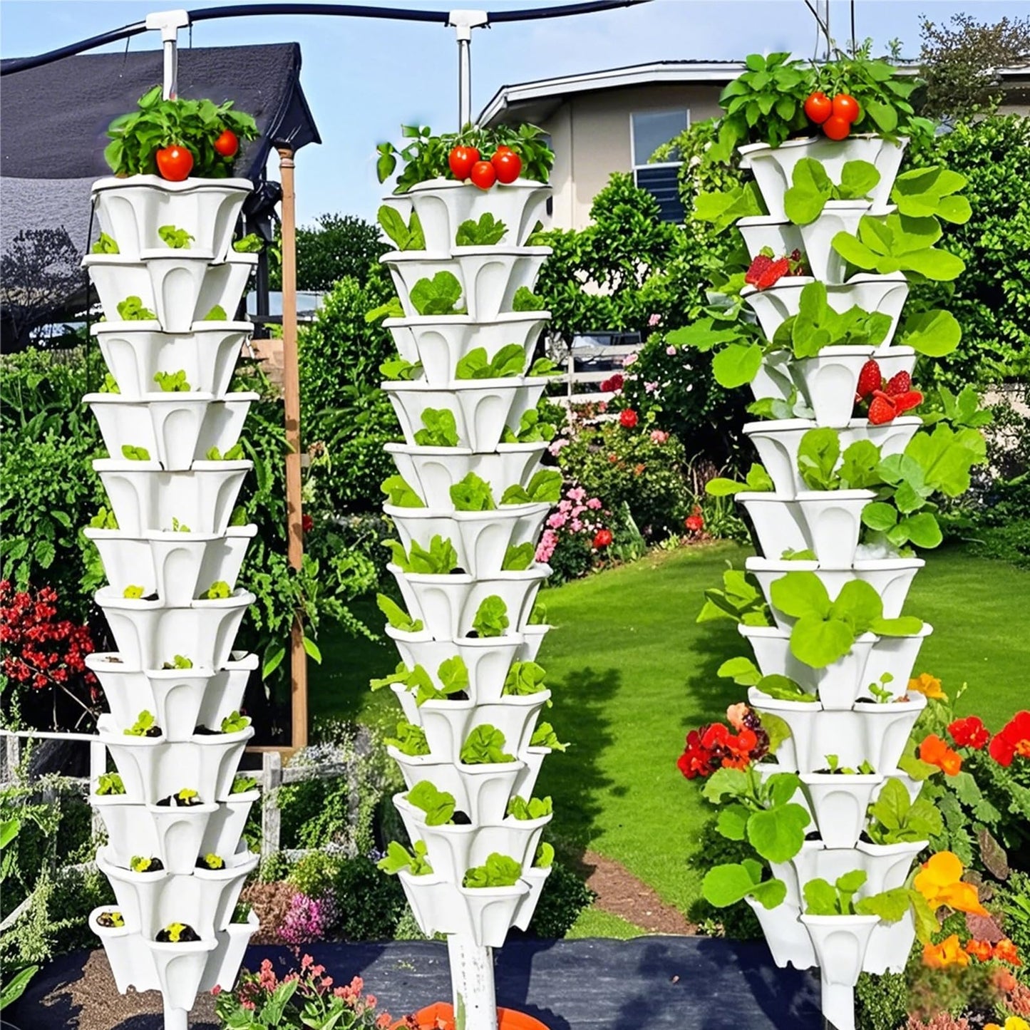 Lykvrii Strawberry Planters, 3 Tiered Vertical Stackable Planter, Herb Stacking Tower Garden, Flower Vegetable Planters with Support Pole, Indoor & Outdoor with Removable Wheels - Dark Grey