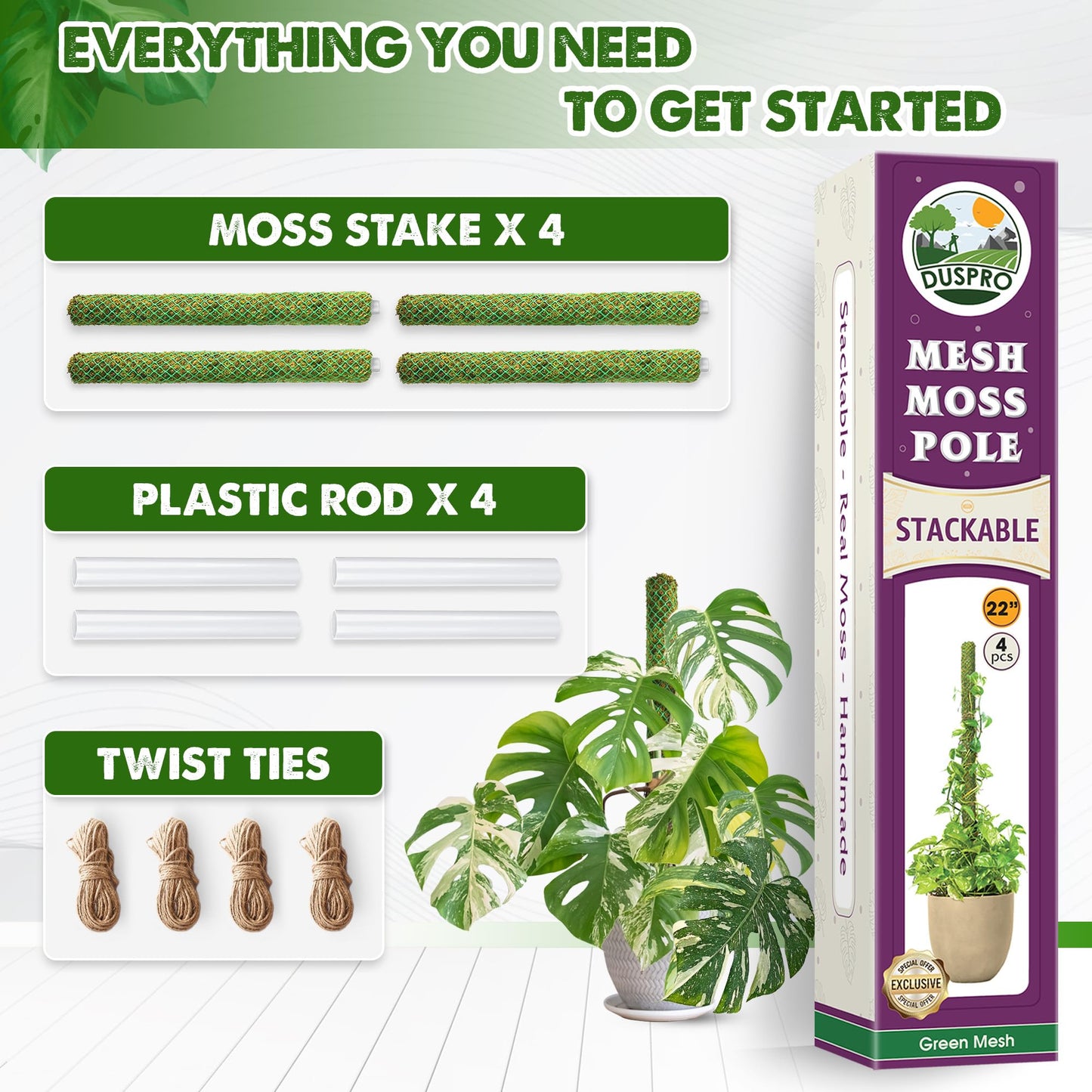 DUSPRO 4 Pack 22" Green Stackable Mesh Moss Pole for Plants – Extendable Up to 71", Natural Forest Moss Pole Monstera Plant Support, Moss Stick for Climbing Plants, Indoor Plant Stakes Accessories