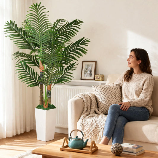 5ft Artificial Palm Tree Indoor Plant，Triple Faux Tropical Areca Floor Plant in Pot，Artificial Plants with Lifelike Leaves for Home Office Decor