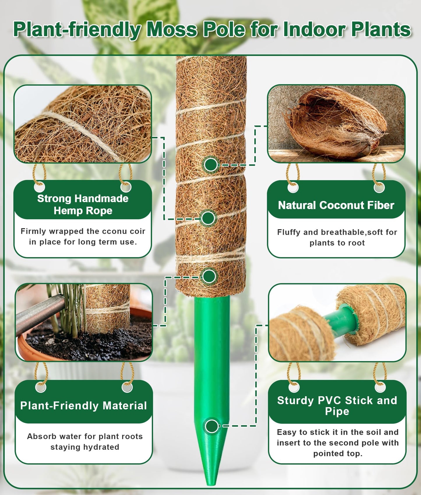 EAONE Moss Pole 126 Inch, 6 Pack 21" Monstera Plant Support for Climbing Potted Live Plants Indoor, Stackable Coco Coir Moss Sticks Monstera Stakes for Pothos Philodendron, with Garden Labels & Ties