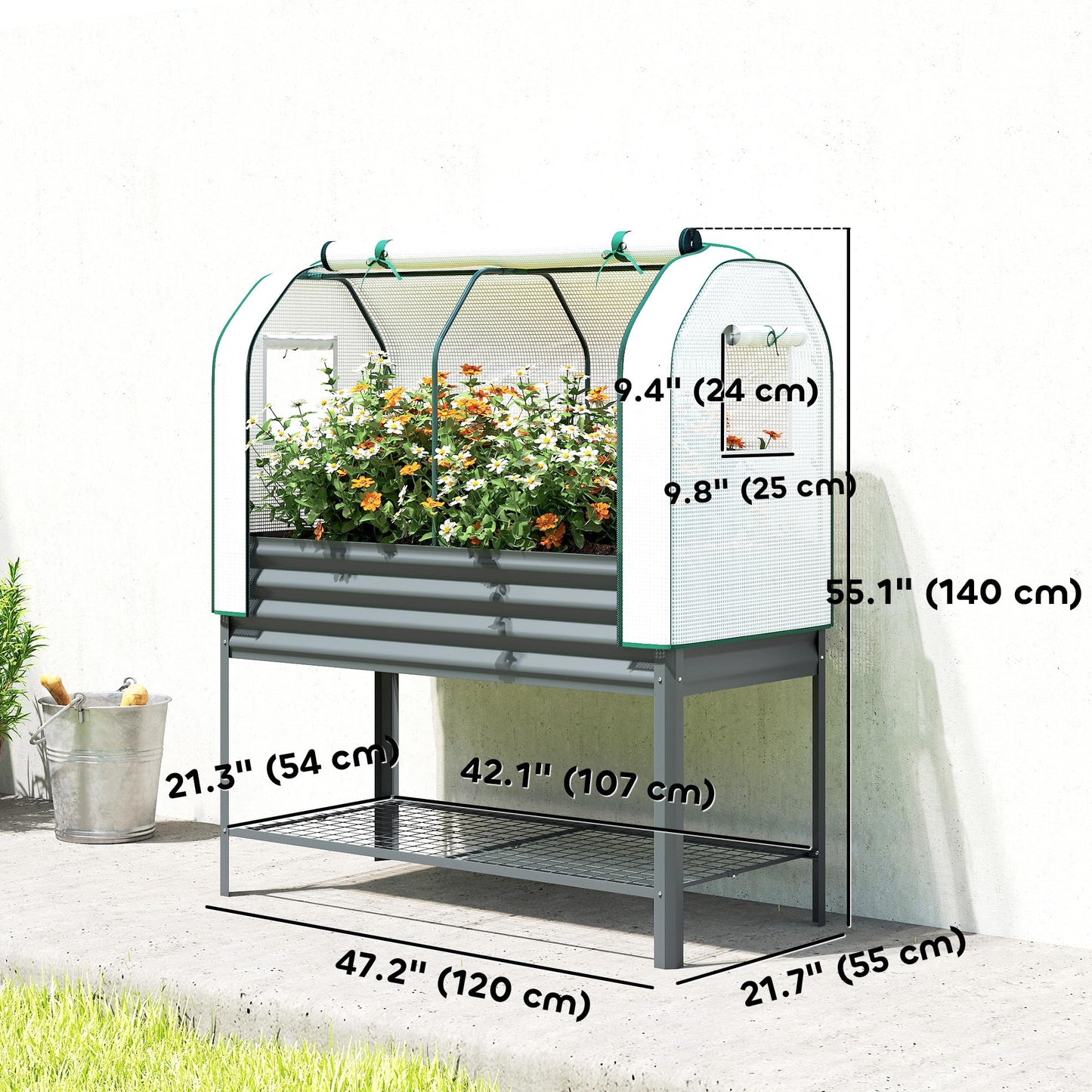 Outsunny Galvanised Raised Garden Bed with Greenhouse Cover, Metal Elevated Garden Bed with Legs, Bed Liner and Bottom Shelf, Outdoor Raised Planter Box for Vegetables, Herbs, Flowers, Dark Gray