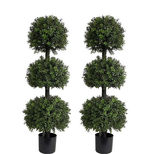 ALL SEASON GREEN 4ft Triple Ball Boxwood Topiariy Trees,UV Resistant,Faux Topiaries for Outdoor Porch Planter Decor 2Pack