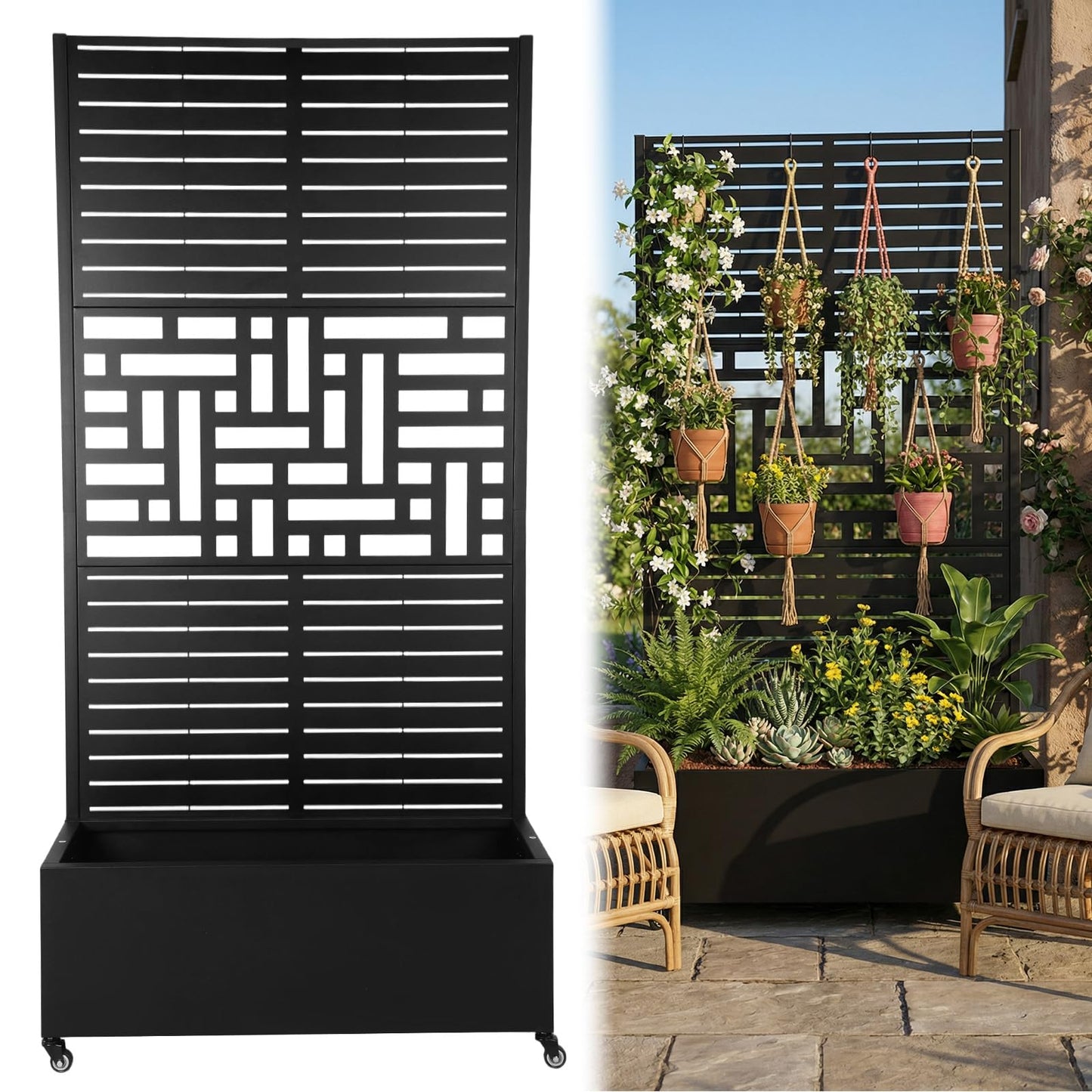 70.87x35.43x15.75 Inch Metal Planter Box with Trellis and Wheels Raised Garden Bed with Drainage Holes Privacy Planters Suitable for Climbing Plants and Vegetables
