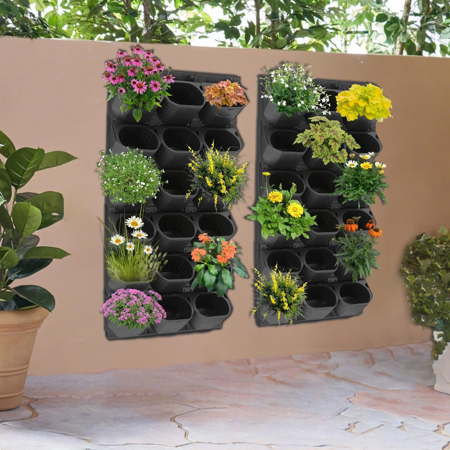 LYNICESHOP 36-Pot Vertical Wall Planter, Army Green PP Modular Hanging Garden System, Self-Watering Indoor Outdoor Flower Herb Vegetable Display for Balcony Patio Cafe (Black)