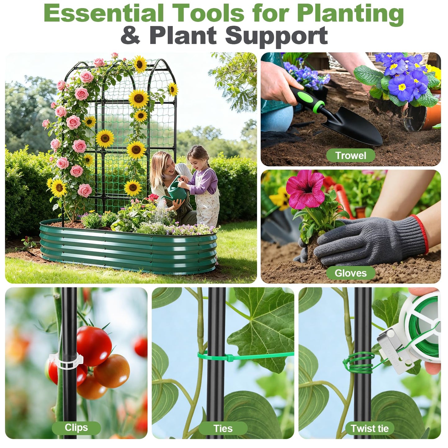 Raised Garden Bed with Arched Trellis, Galvanized Raised Garden Bed with Netting Plant Ties Gloves Trowel, Metal Planter Box Outdoor Drainage Design for Gardening Climbing Plant Vegetable Flower Fruit