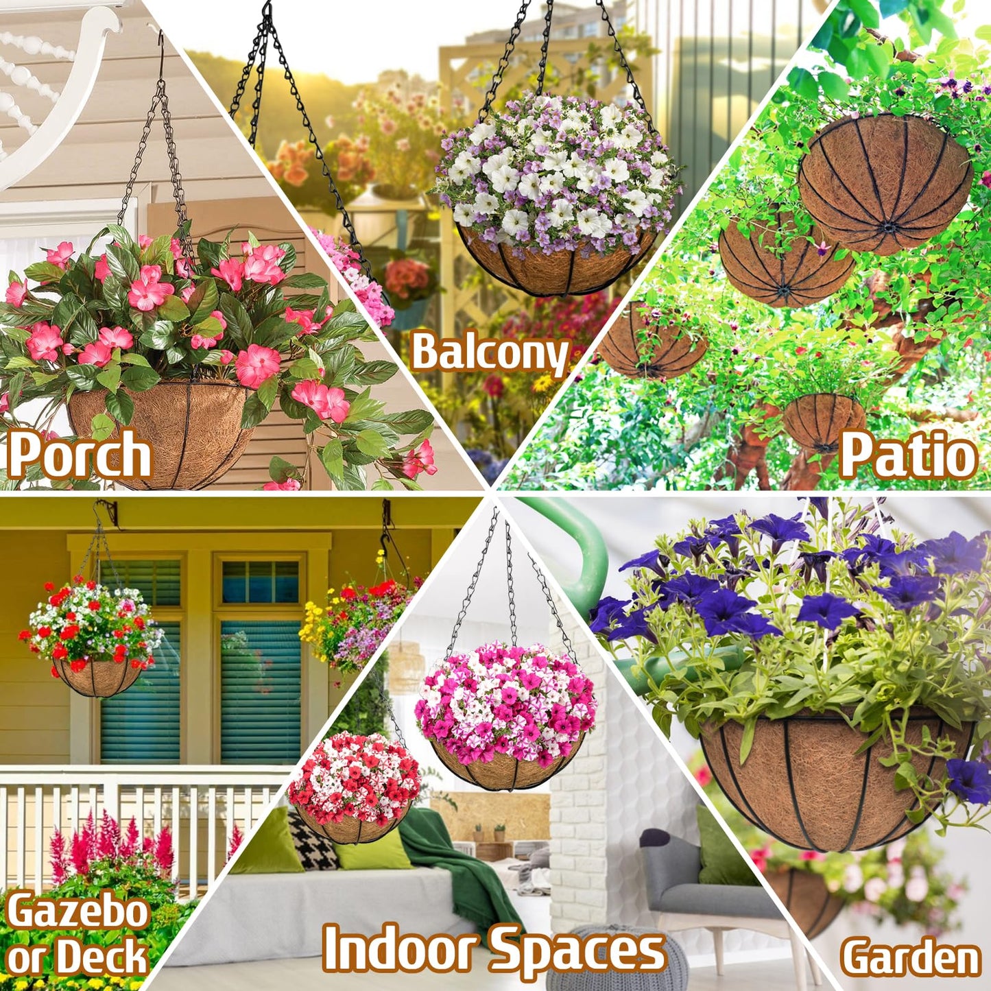 ZeeDix Outdoor Hanging Baskets, 2 Pack 12 Inch Metal Round Wire Hanging Planter with Coconut Liners Replacement, Hanging Flower Pots for Outdoor Plants Flowers