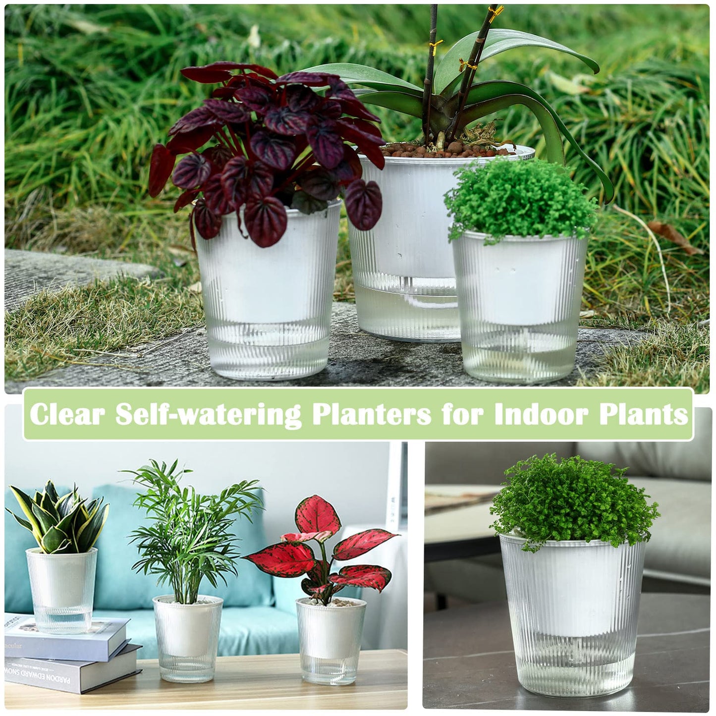 6-Pack 4.5 Inch Clear Self-Watering Planters and Pots for Indoor Plants Medium Orchid Plant Pots Plastic Wick Flower Pots, African Violet Pot Set, Home Decor Pot