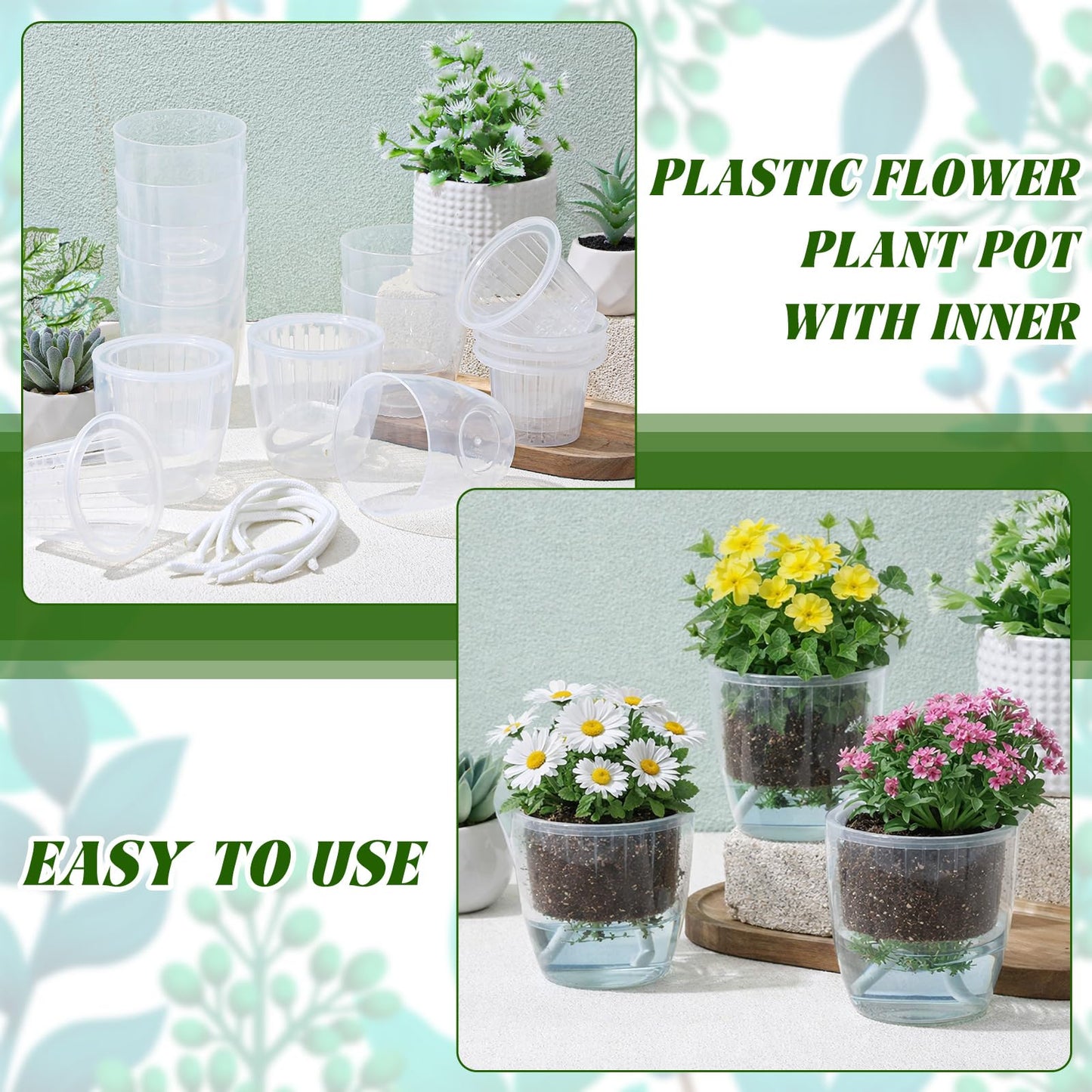 Ferrochef 36pcs Self Watering Pots, Plastic Plant Pot with Inner Pot Self Watering Wick Planter pots for Indoor House Plants, Flowers, Succulents (3.5inch,Transparent)