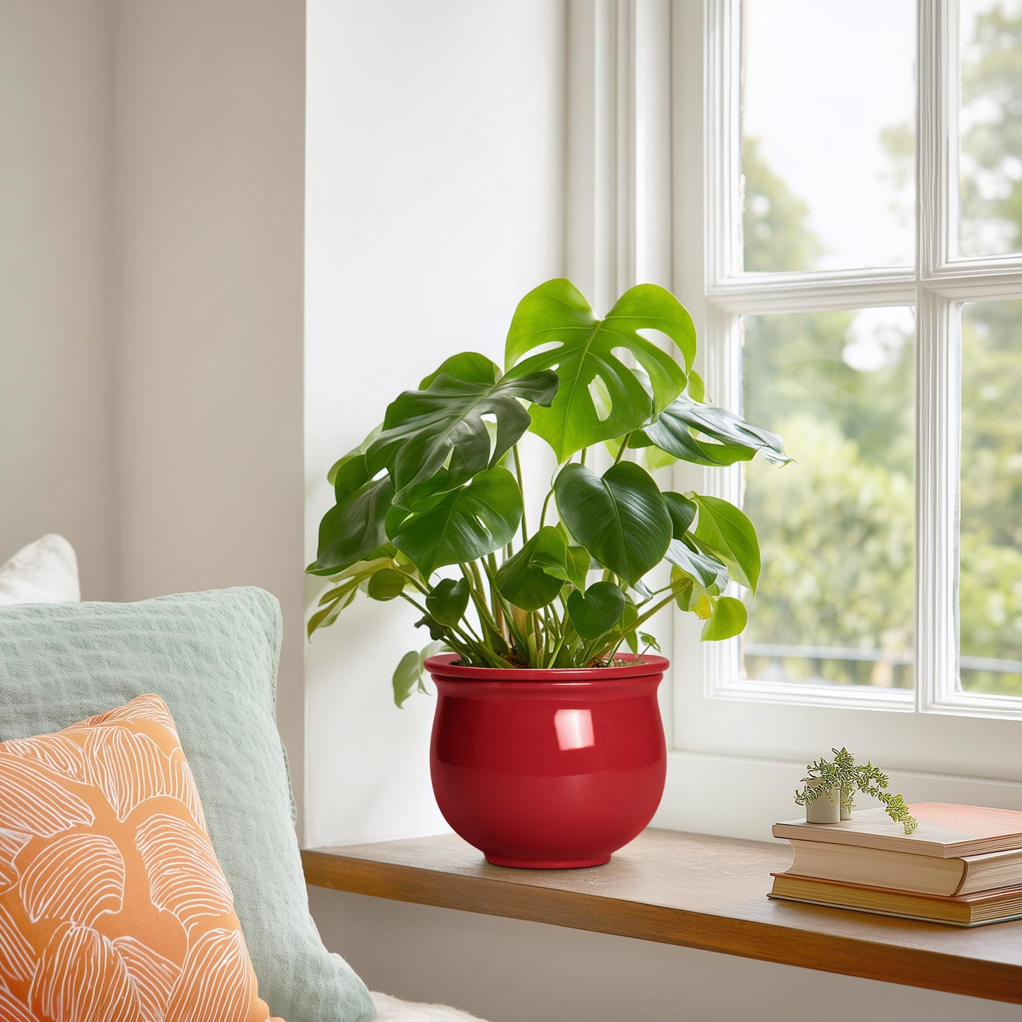 Teagas Ceramic Self Watering Planter, 6 Inch African Violet Pots with Absorbent Inner Pot, Round Self Watering Pots, Ceramic Flower Pot for Plants Indoor, Porch Decor, Plant Lover Gifts for Men, Red