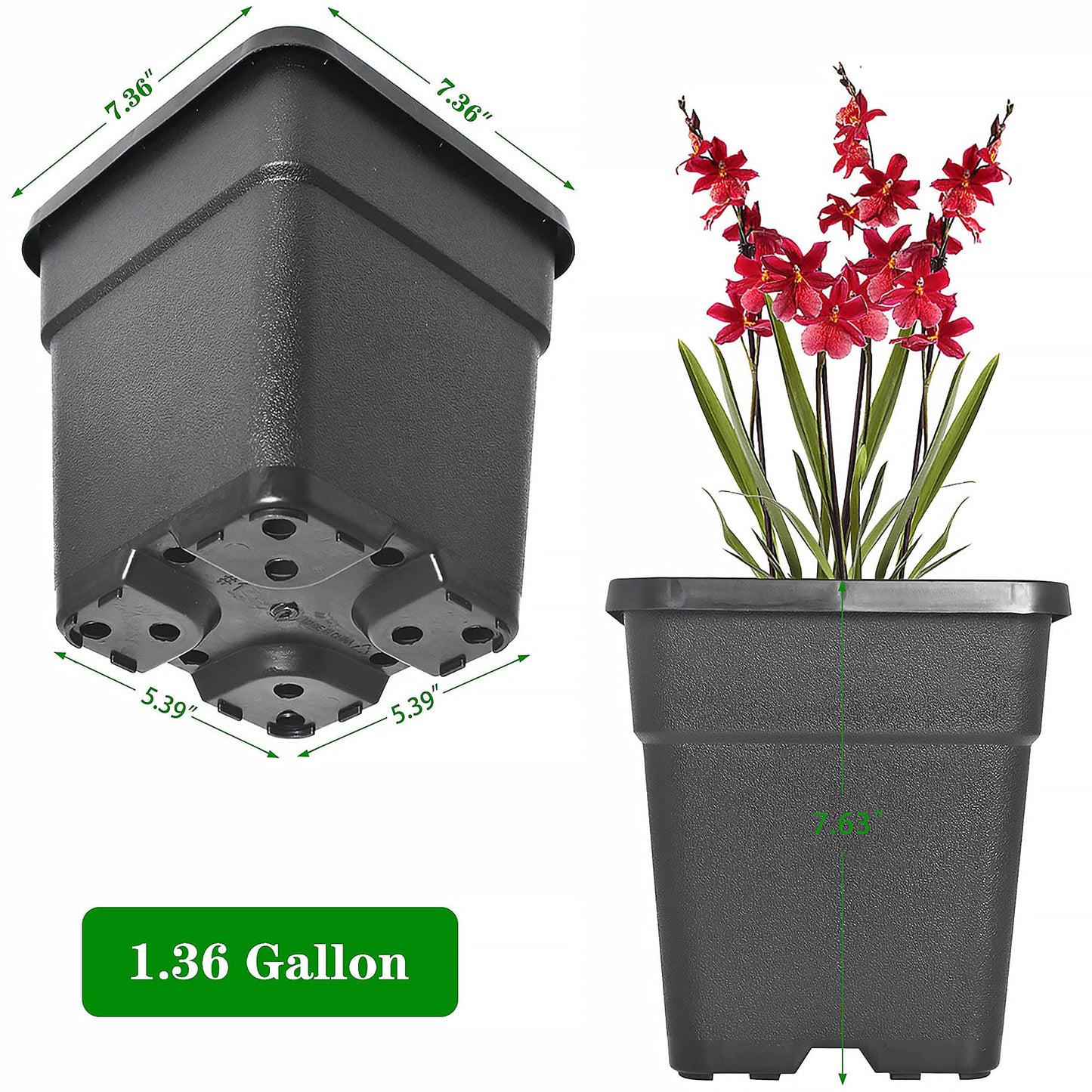 elfinrm Square Planter Nursery Pots 1.36 Gallon Pots for Plants, Injection Molded Plastic Nursery Pots, Plant Container 1.36 Gal 10-Pack