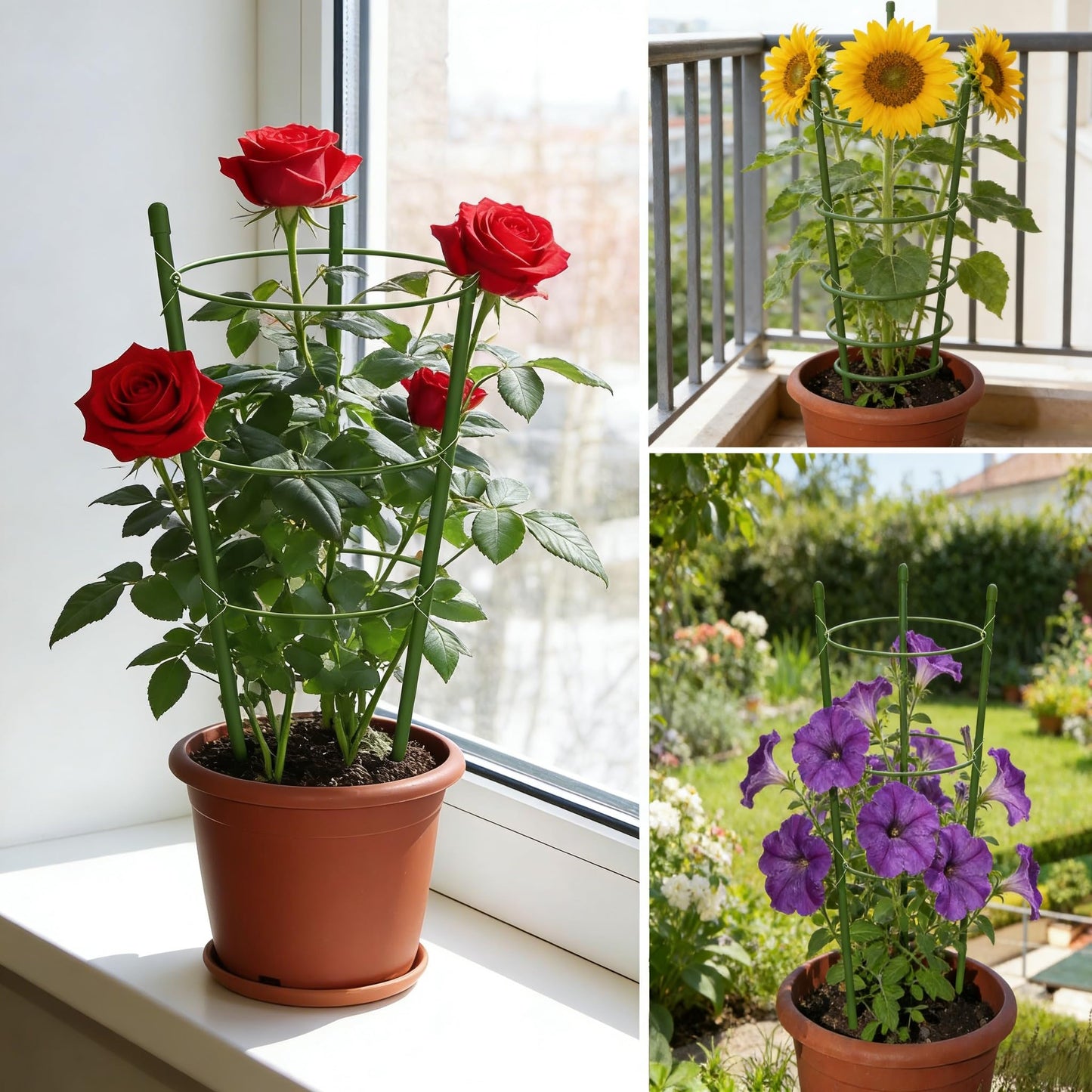 Tomato Cage Plant Support with Adjustable Rings, Orchid Stakes with Clips, Garden Trellis for Climbing Plants, Flower, Veggie, Includes Plant Ties & Clips (3 Pack, 18 Inches)