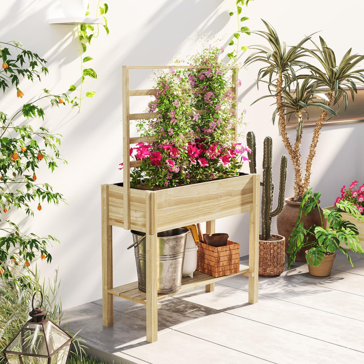 Outsunny Wooden Raised Garden Bed with Trellis, Elevated Planter Box with Storage Shelf, Drainage Holes and Liner, Outdoor Flower Box for Vegetables, Flowers, Herbs