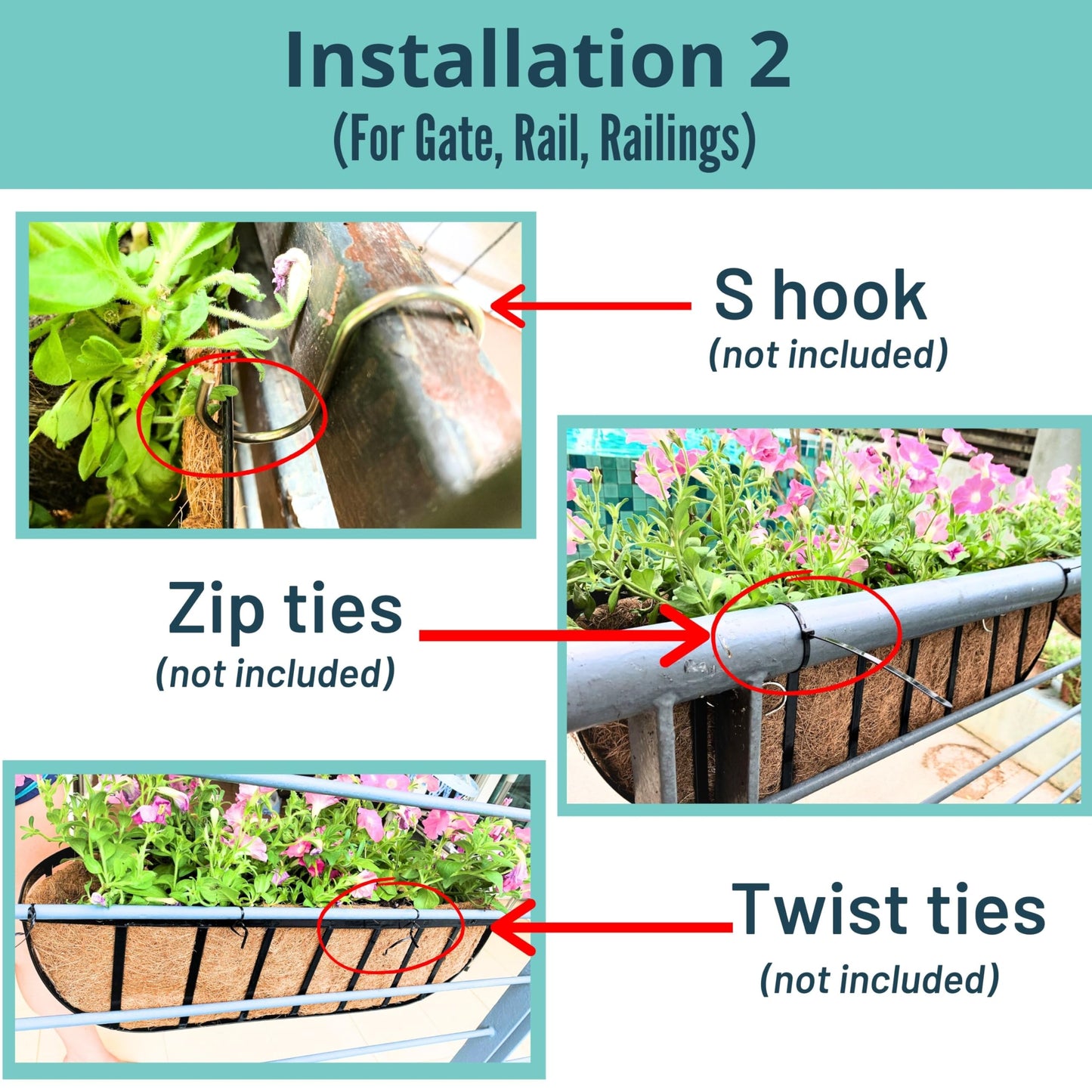 LaLaGreen Deck Railing Planter Boxes for Plants (24 Inch, 2 Pack) Black Metal Wall Planters for Outdoor Plants, Window Flower Box Deck Railings with Coco Liner, Fence Balcony Patio Porch Over Rail