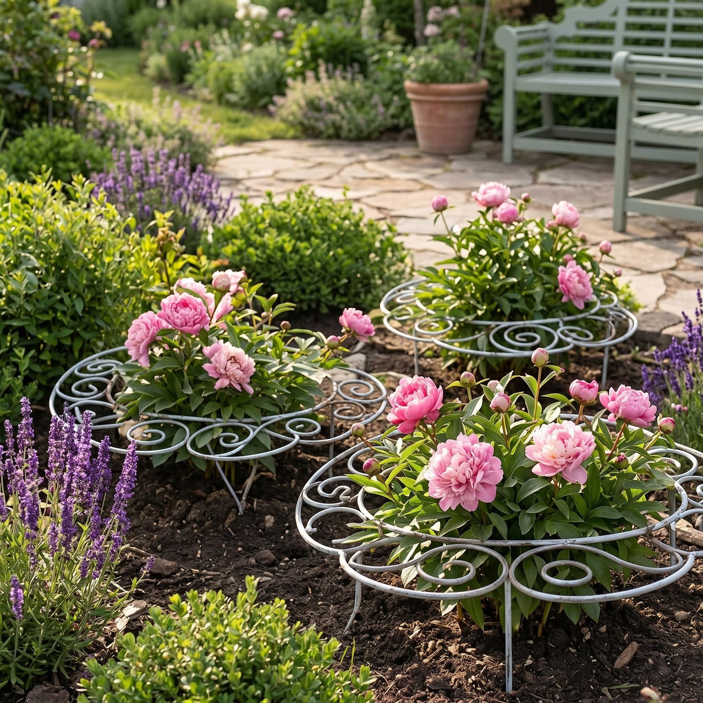 Peony Cages and Supports–Heavy Duty Metal Plant Support Ring for Garden, Grow Through Plant Support Stakes for Roses Hydrangeas, Outdoor Flower Cage with Weather-Resistant Iron Frame (2 pcs smal)