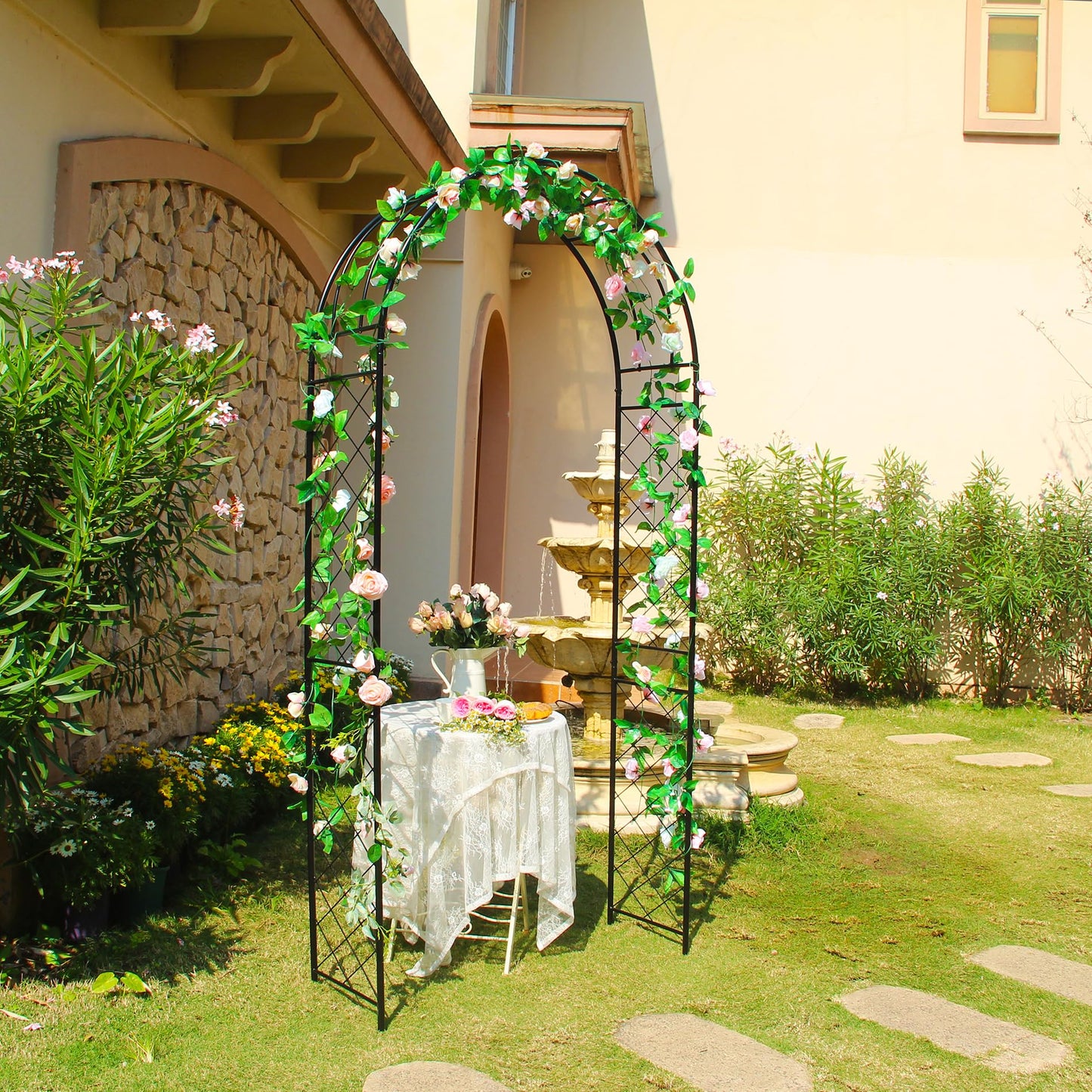 Flohover Metal Pergola Arbor, 7.9 Ft High x 3.8 Ft Wide, Garden Arch for Various Climbing Plant Wedding Garden Arch Bridal Party Decoration High Arbor Wedding Decor with Stakes