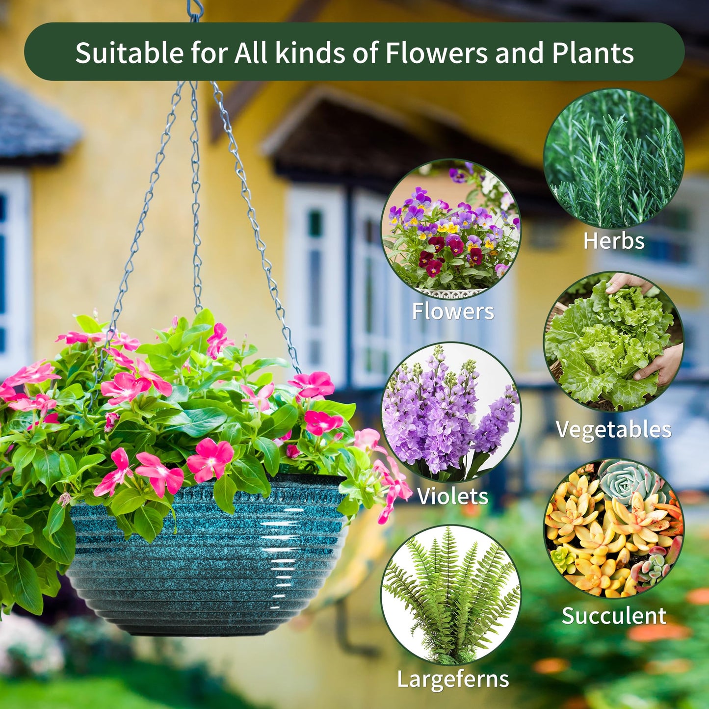 Vanslogreen 12 inch Hanging Planters for Indoor Outdoor Plants, 2 Pack Large Hanging Flower Pots with Drainage Holes and Chain, Glazed Hanging Baskets for Home Garden Decoration, Blue