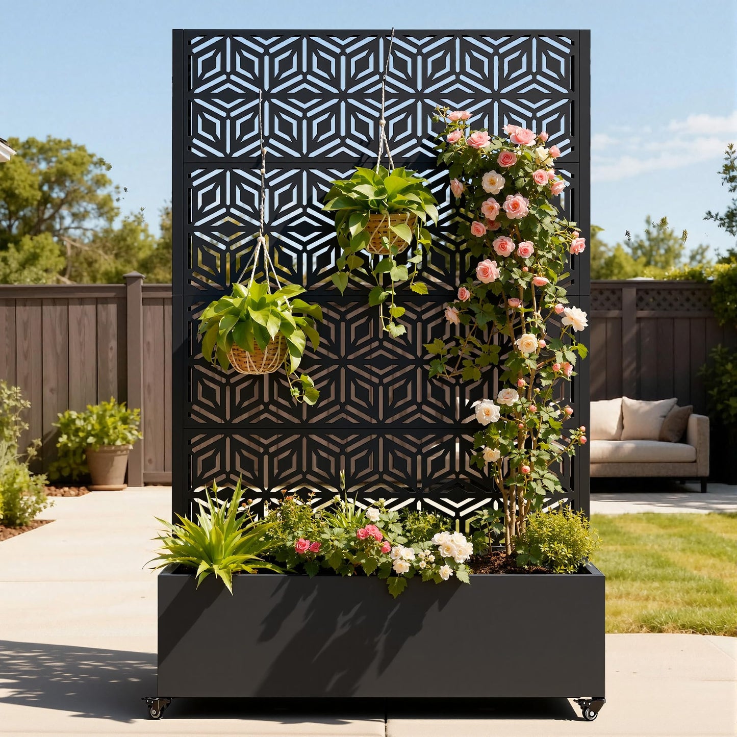 Ultym Metal Planter Box with Trellis 73"x47"x16", Galvanized Steel Raised Garden Bed with Privacy Screen, Lockable Casters, Planter with Drainage Holes for Outdoor Climbing Plants, Vegetables, Patio