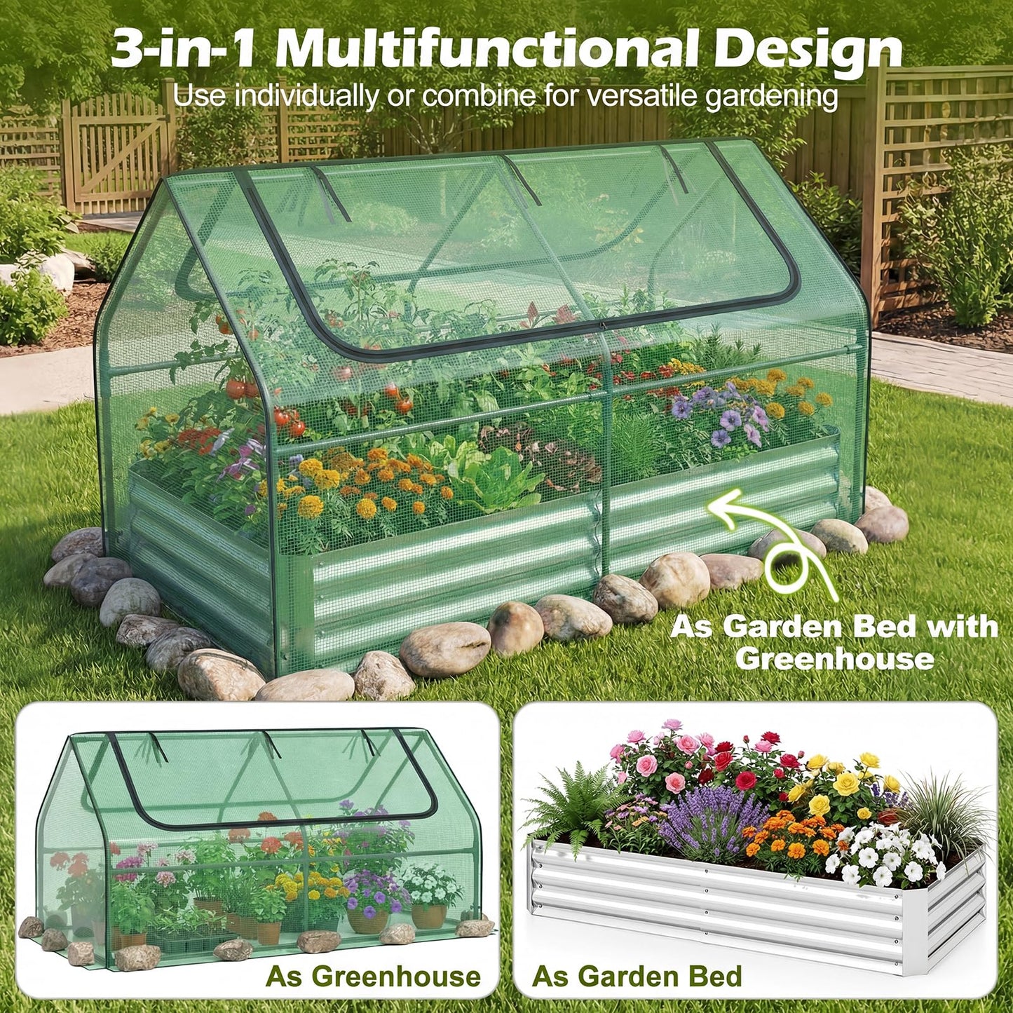 SAFSTAR Raised Garden Bed with Cover, 6FT x 3FT x 3FT Galvanized Bottomless Garden Bed with Greenhouse, Dual 2-Tier Roll-Up Windows, Outdoor Metal Planter Box Kit with Cover (Green)