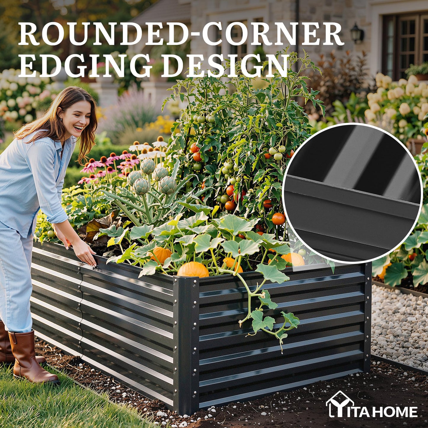 YITAHOME 6x3x2ft Large Raised Garden Bed Kit, Galvanized Metal Planter Box with Gloves, Support Rod, Outdoor Above Ground Planters for Plants, Vegetables, Flowers, Black