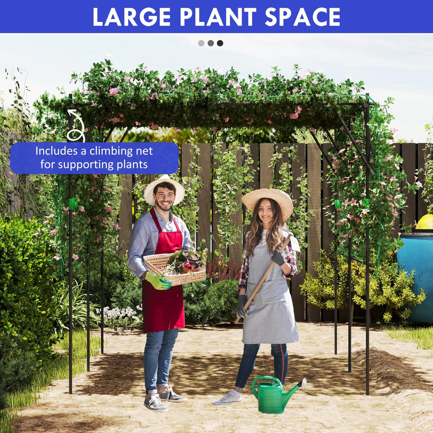 Outsunny Garden Arch Trellis, 7.3 FT Tall Plant Trellis Support, Outdoor Cucumber Trellis with Climbing Net for Climbing Plants, Vegetables, Flowers, Black