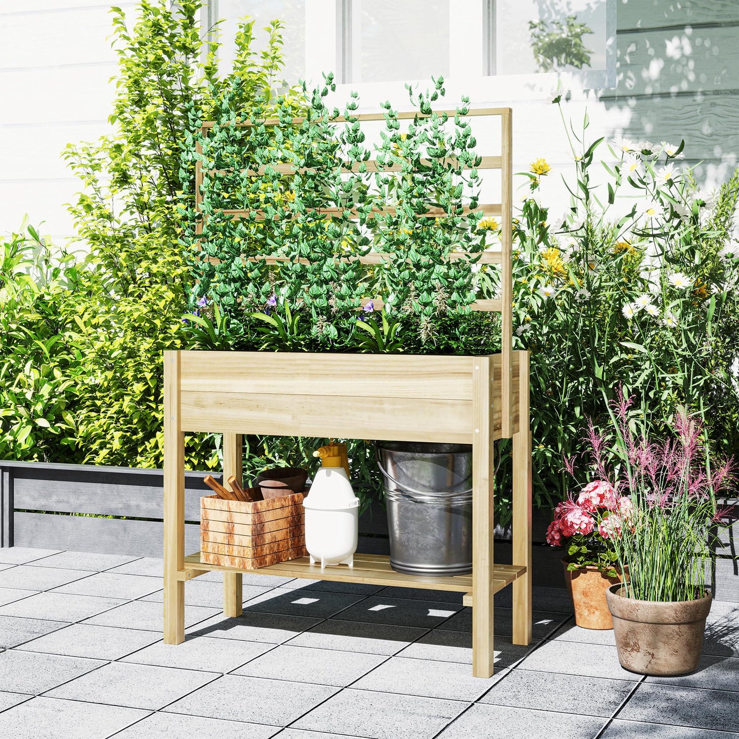Outsunny Wooden Raised Garden Bed with Trellis, Elevated Planter Box with Storage Shelf, Drainage Holes and Liner, Outdoor Flower Box for Vegetables, Flowers, Herbs