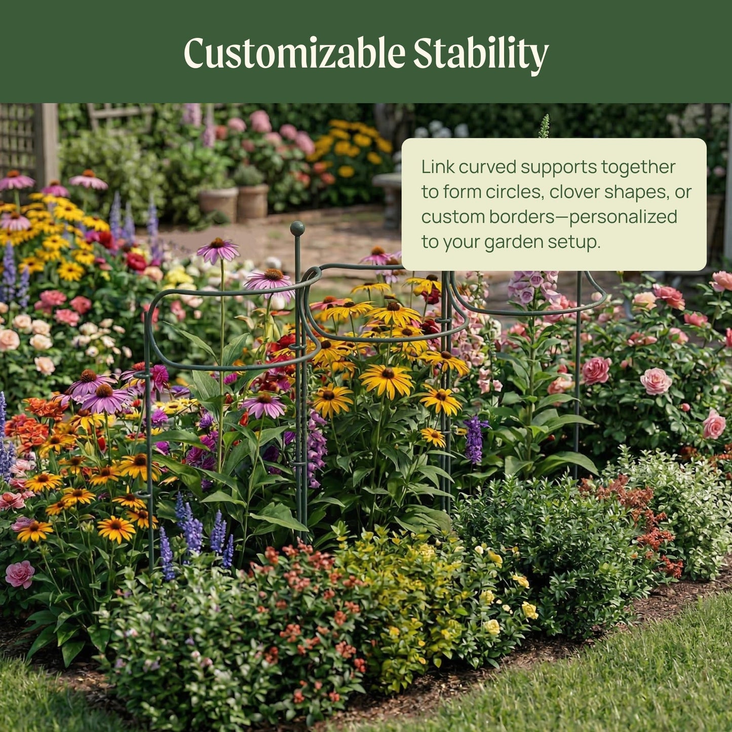 6 Pack Curved Plant Support Stakes, Dual Half Round Metal Garden Plant Stake, Peony Cages and Supports, 10"(W) x 20" (H) Flower Support Ring for Peonies, Hydrangea