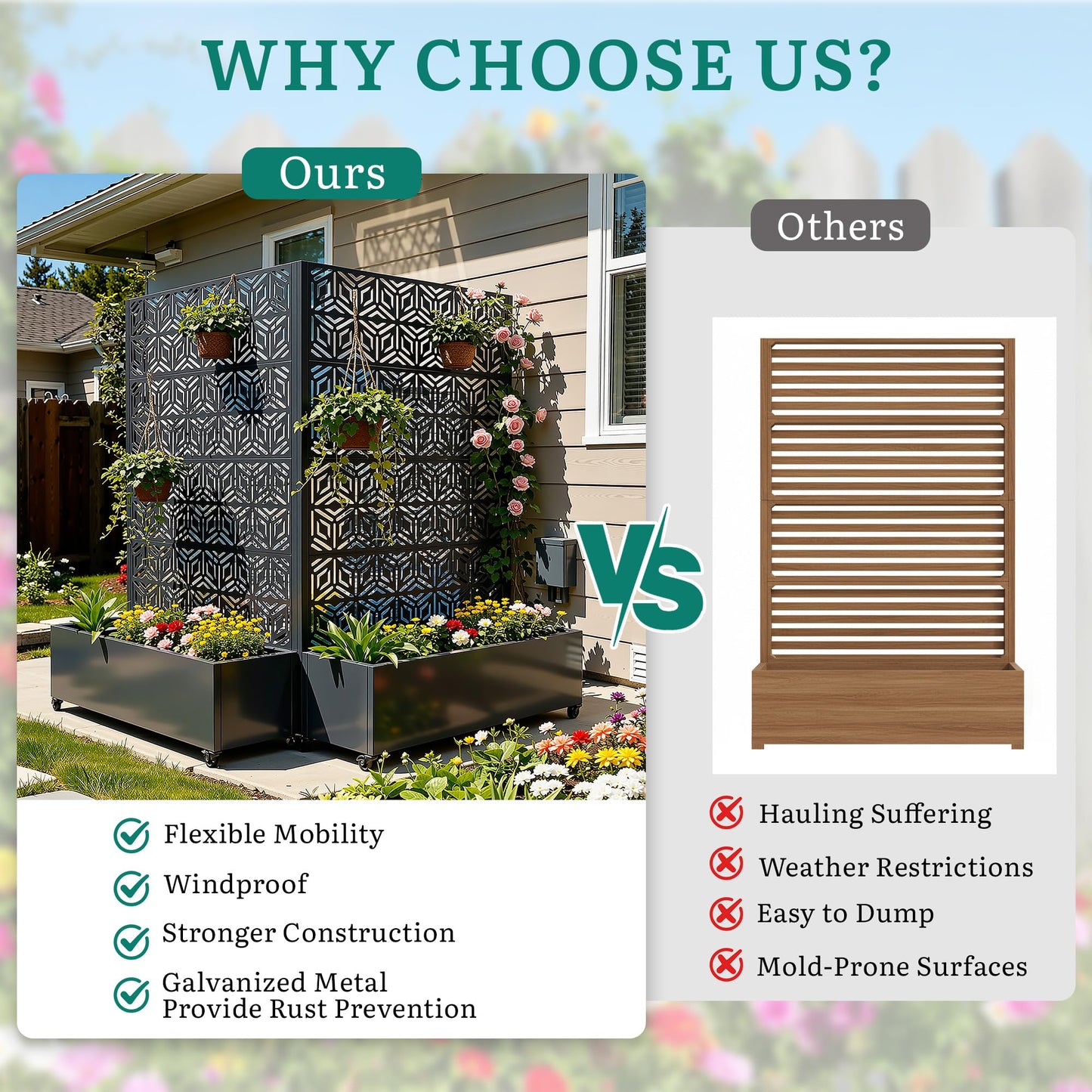 Ultym Metal Planter Box with Trellis, Galvanized Steel Raised Garden Bed with Privacy Screen, Lockable Casters, 73"x47"x16" Planter with Drainage Holes for Outdoor Climbing Plants, Vegetables, Patio