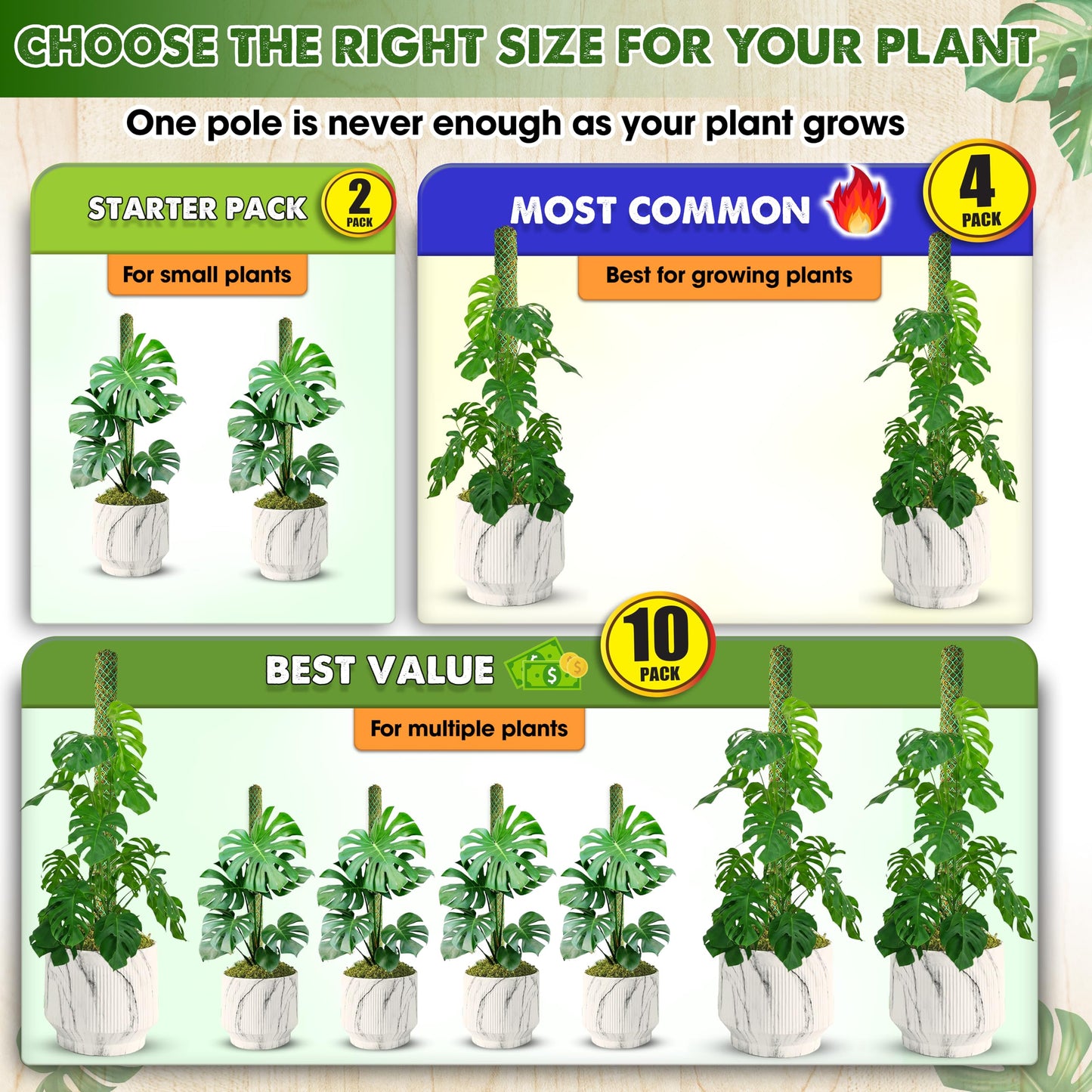 DUSPRO 4 Pack 22" Green Stackable Mesh Moss Pole for Plants – Extendable Up to 71", Natural Forest Moss Pole Monstera Plant Support, Moss Stick for Climbing Plants, Indoor Plant Stakes Accessories