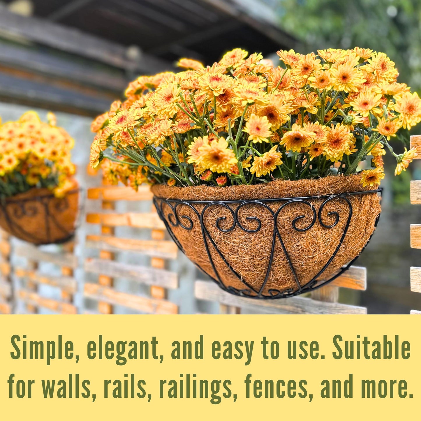 LaLaGreen Outdoor Wall Planters (4 Pack, 12 Inch) Black Metal Wall Mounted Hanging Basket with Coco Liner, Flower Pot Plant Holder Semi-Circle Planter for Fence Railing Deck Porch Balcony Garden Decor