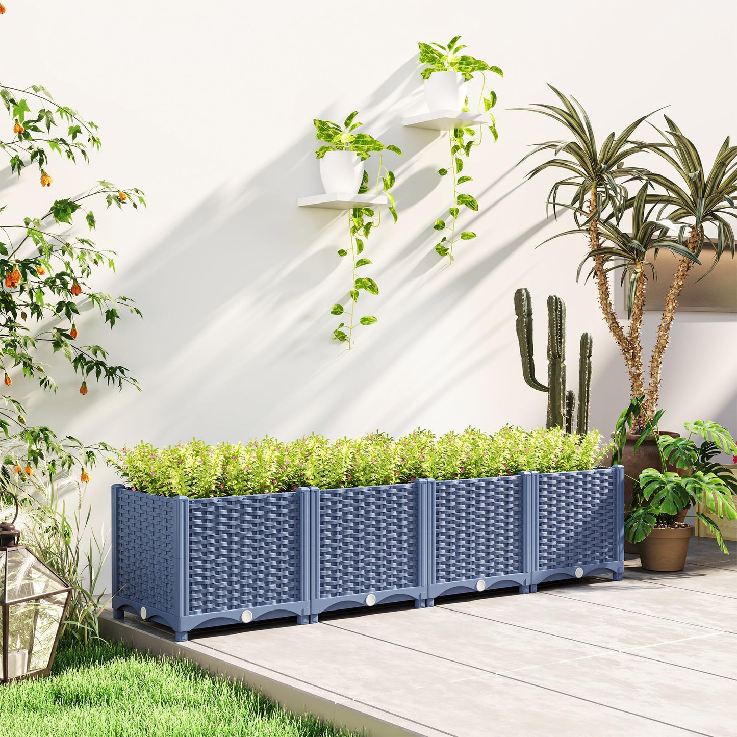 Outsunny 5 x 1 x 1 ft Raised Garden Bed, Indoor Outdoor Plastic Planter Box with Drainage Holes, Drain Plugs and Water Reservoirs for Vegetables, Herbs, Flowers & Succulents, Blue