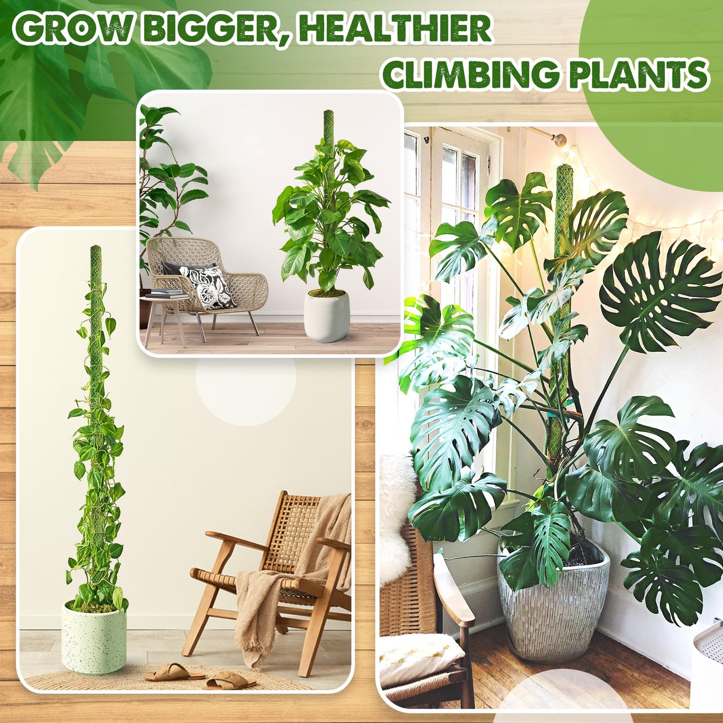 DUSPRO 4 Pack 22" Green Stackable Mesh Moss Pole for Plants – Extendable Up to 71", Natural Forest Moss Pole Monstera Plant Support, Moss Stick for Climbing Plants, Indoor Plant Stakes Accessories