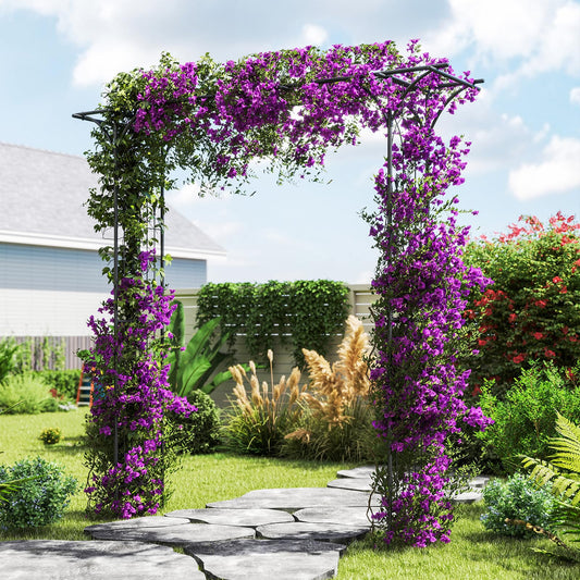 Giantex Metal Garden Arbor with Trellis, 81" Outdoor Arch for Climbing Plants, Heavy-Duty Rust-Resistant Steel Archway with 4 Stakes for Garden, Wedding, Party, and Yard Decoration, Black