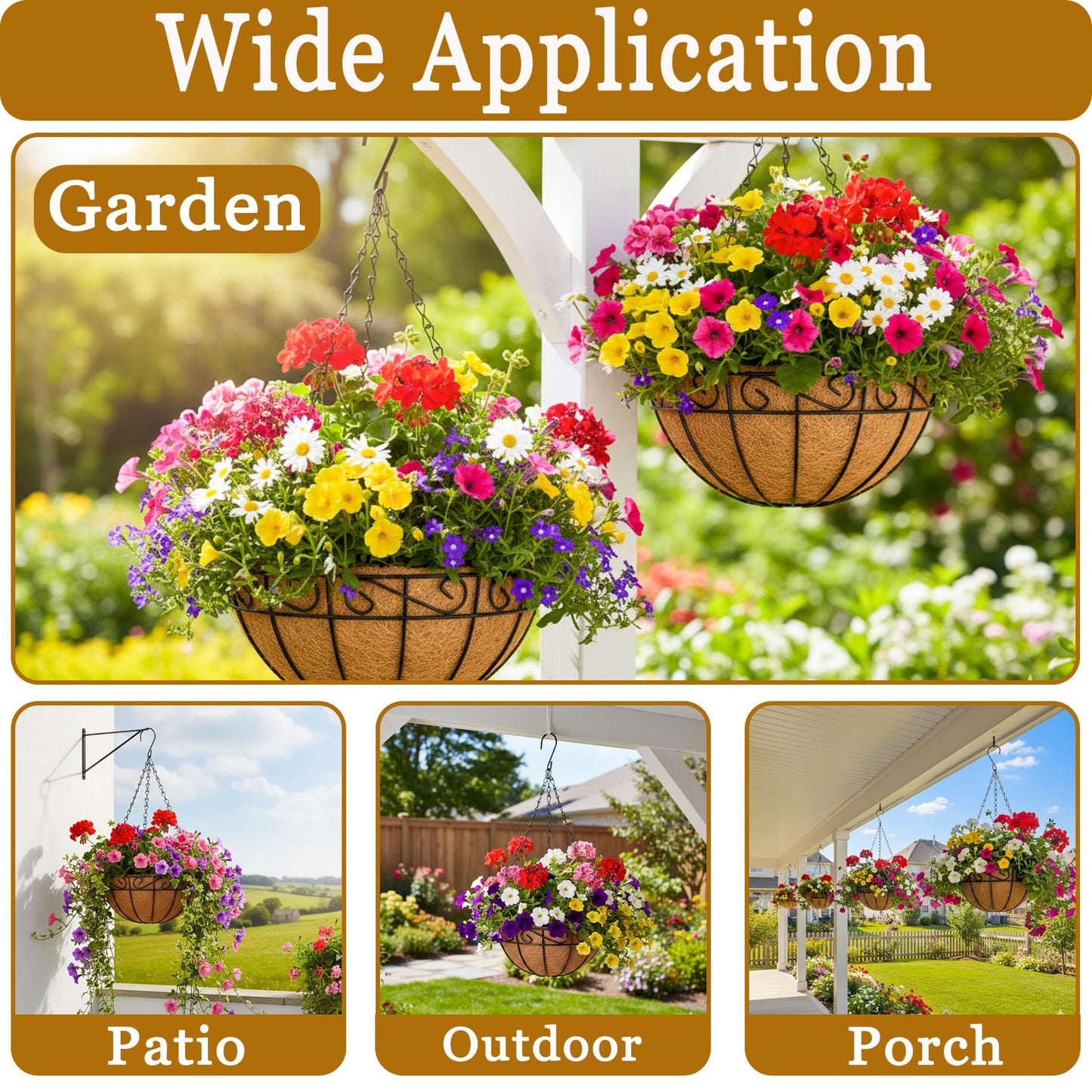 SMYAXUNW 4 Pack Hanging Planters 14 Inch Metal Hanging Planter Basket Flower Pots with Coco Coir Liners Round Wire Plant Holder with Chain for Indoor Outdoor Patio Porch Garden Decoration（HB）