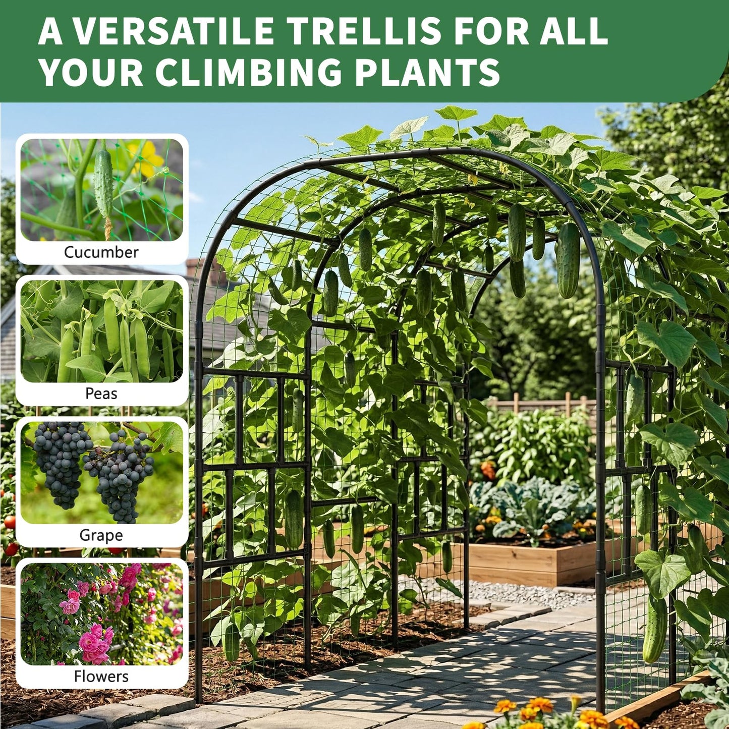 Tall Garden Arch Trellis for Climbing Plants, 87in Tall Metal Plant Support Trellis Archway for Climbing Plant Vegetables Cucumber, Outdoor Yard Lawn Garden Arch Tunnel Trellis