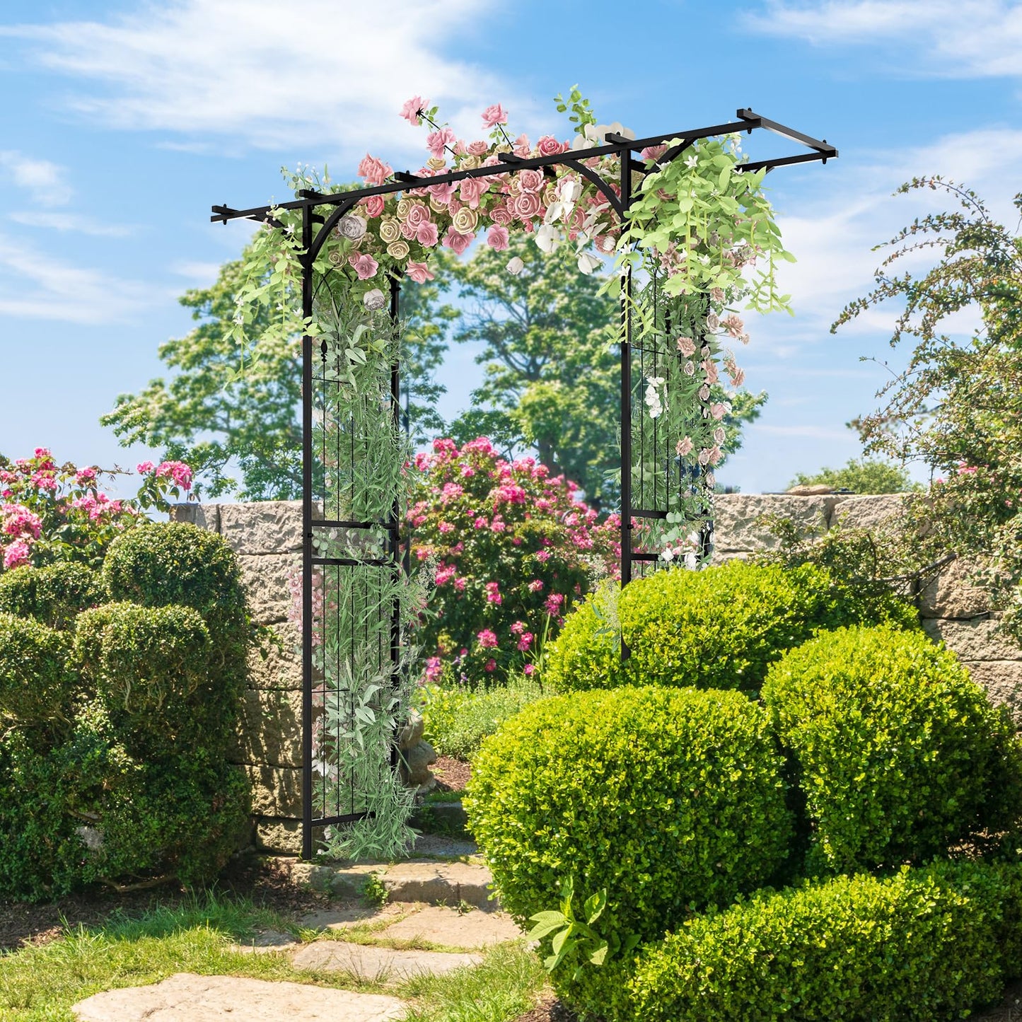 S AFSTAR Garden Arch Trellis Pergola, 6.8 FT Outdoor Metal Arbor w/Extended Top, 4 Ground Stakes, Plant Support Trellis for Climbing Plant Vine Rose, Garden Arbour Archway for Wedding Ceremony Party