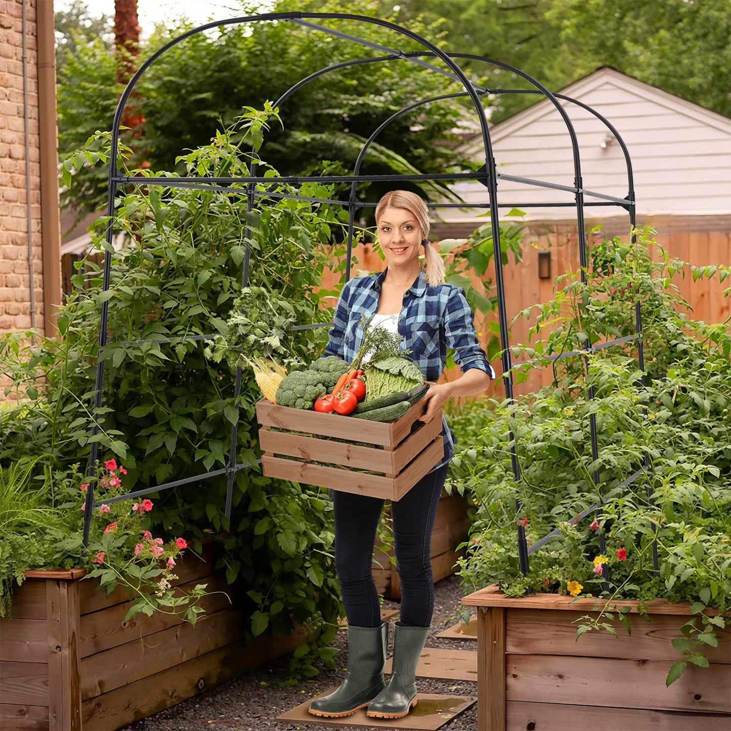 AlisisFores Garden Arch Trellis for Climbing Plants Outdoor 7.2 ft Height Large Tunnel Trellis Support for Vegetables Plant Cucumber Trellis for Garden Raised Bed, Black