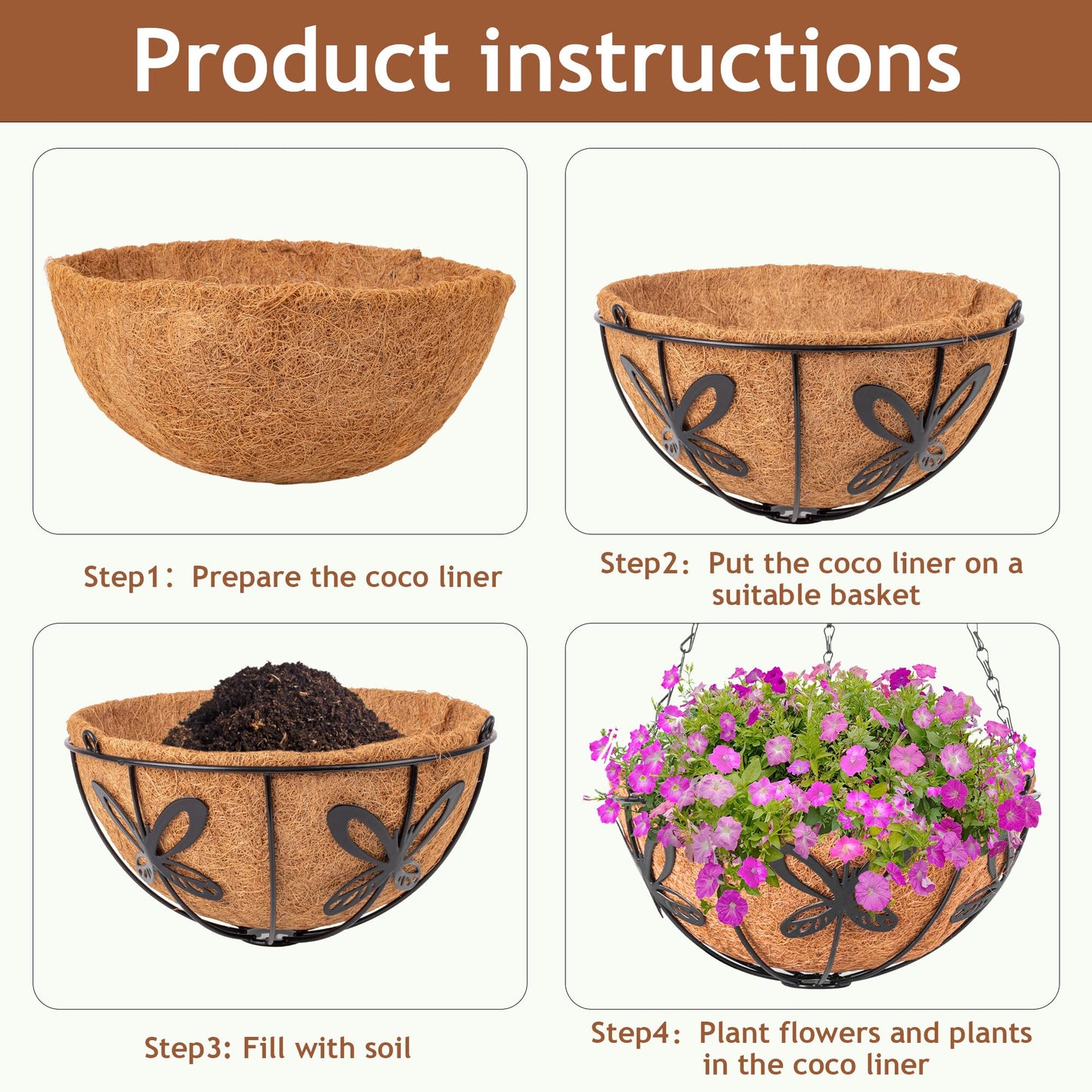 ARVINKEY Hanging Baskets Planter for Plants, 2 Pack 10 Inch Round Metal Wire Hanging Flower Pots with Coco Coir Liner Chain, Plant Holder for Home Garden Balcony Decor