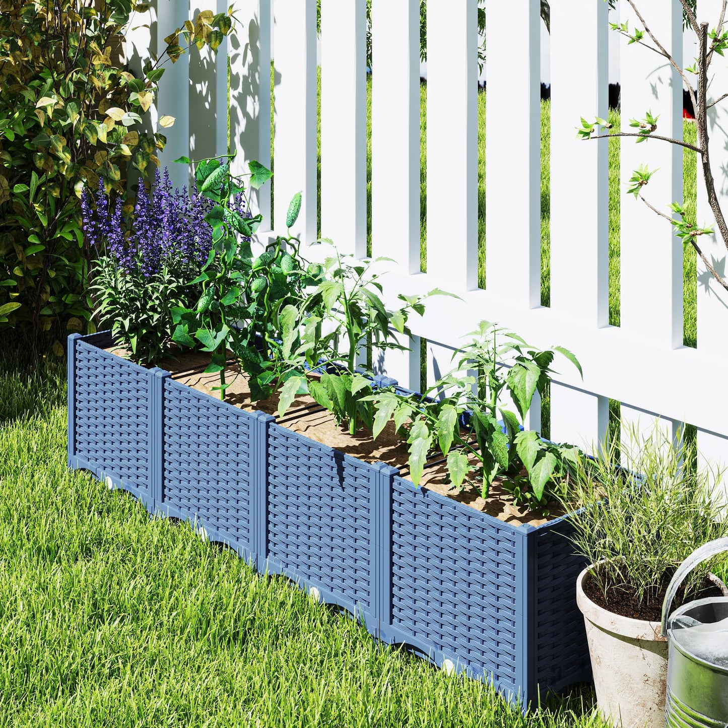 Outsunny 5 x 1 x 1 ft Raised Garden Bed, Indoor Outdoor Plastic Planter Box with Drainage Holes, Drain Plugs and Water Reservoirs for Vegetables, Herbs, Flowers & Succulents, Blue