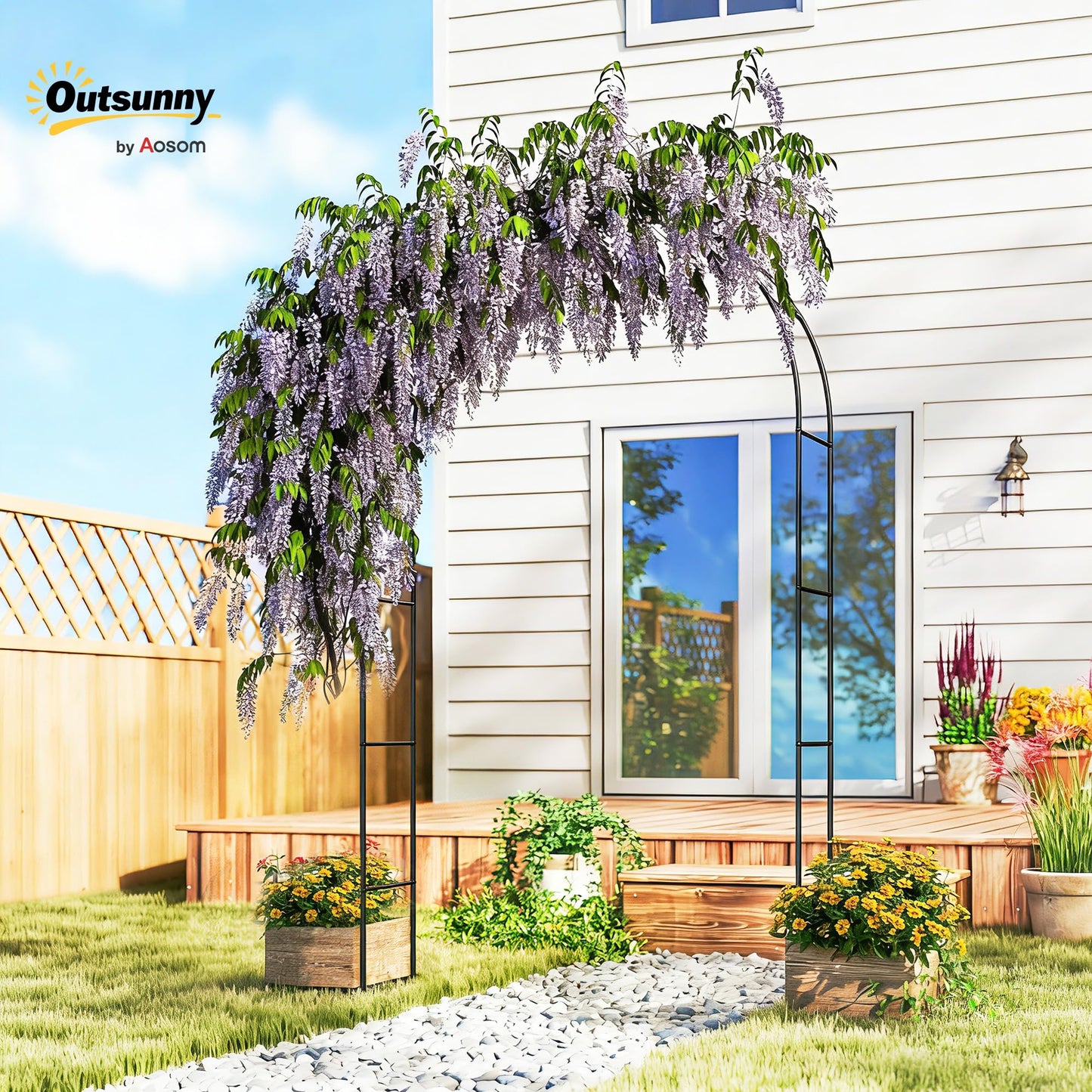 Outsunny 8 ft Steel Garden Arch, Garden Arbor Trellis with Large Base for Climbing Plants, Roses, Vines, Wedding Arch Stand for Outdoor, Lawn, Backyard, Black