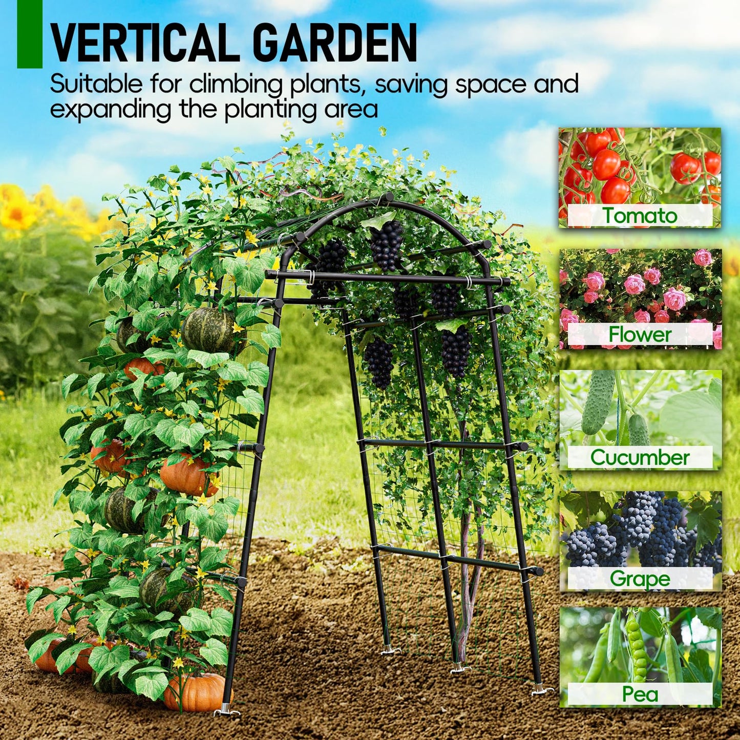 SPECILITE Garden Arch Trellis 88.58" Extra Tall for Climbing Plants Outdoor, Steel Stainless Arched Arbors Tunnel Trellis with Netting, Metal Cable Ties for Cucumber Tomato Pea Vines Fruit