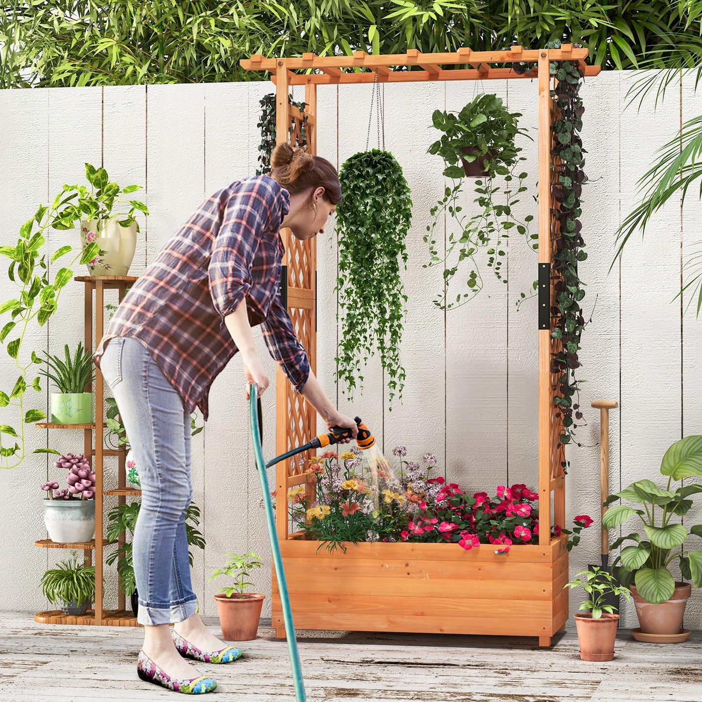 LDAILY Raised Garden Bed with Trellis, Above Ground Garden Bed with Hanging Roof, Side Trellis, & 4 Drainage Holes, Planter Box for Outdoor Climbing Plants Vines Flowers (1, 43.5"L x 17.5"W x 72"H)
