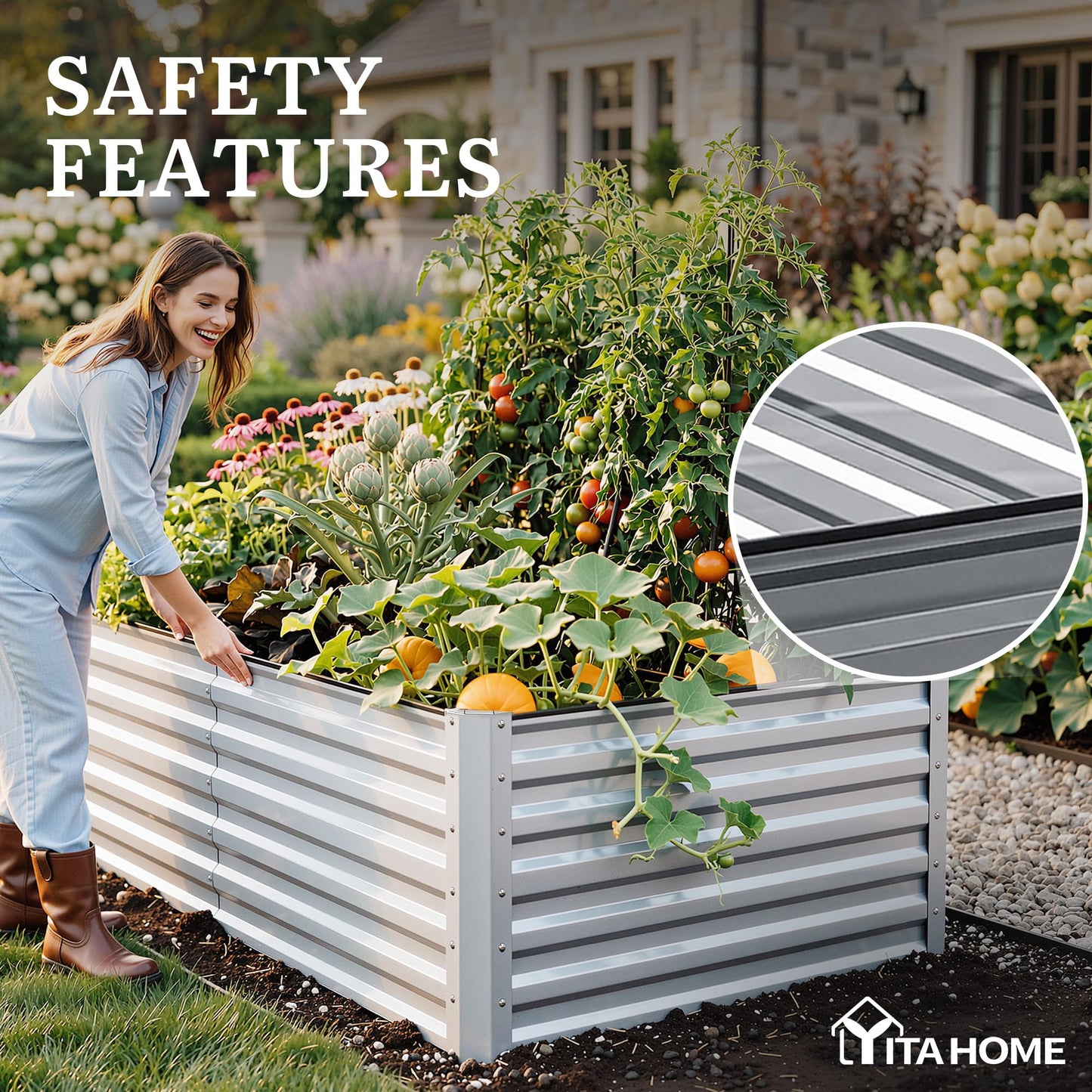 YITAHOME 8x4x2ft 2pcs Large Raised Garden Bed Kit, Galvanized Metal Planter Box with Gloves, Ground Nails & Safety Rubber, Outdoor Above Ground Planters for Plants Vegetables Flowers, Silver