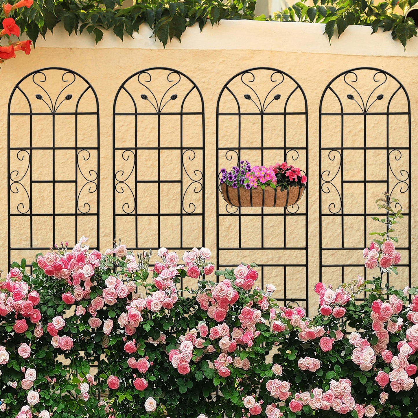 4 Pack Metal Garden Trellis 86.7" Tall Outdoor Climbing Plant Support for Roses, Flowers, Rustproof Durable Black Galvanized Tube, Lawn Garden Fence Decor Screen (4, Black curves-86.7" H)