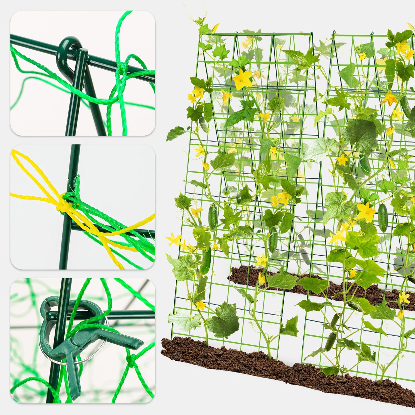warmfarm Pack 2 Heavy Metal Garden Trellis for Climbing Plants with Trellis Netting & Garden Clips, A-Frame Cucumber Trellis for Raised Bed