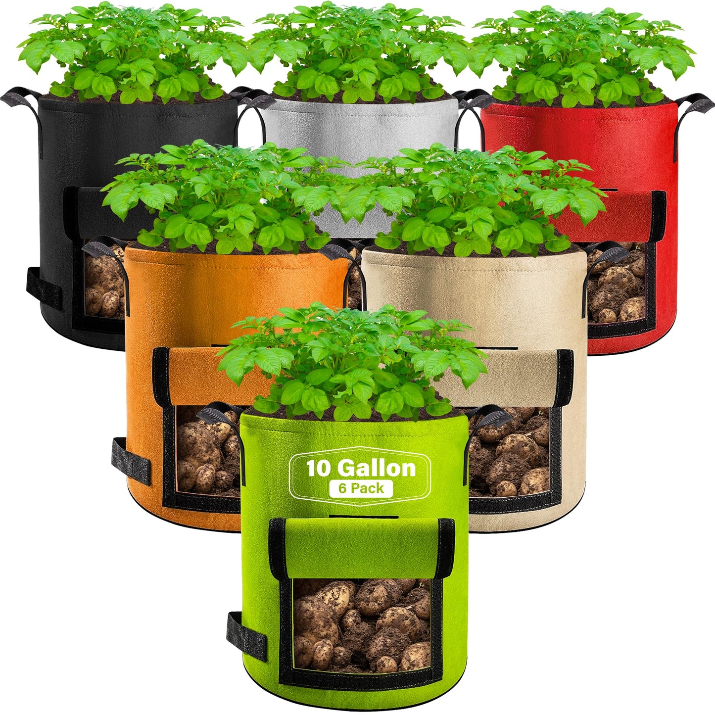 Suntee 6 Pack 10 Gallon Potato Grow Bags with Flap, Thickened Nonwoven Fabric Grow Bags for Growing Potatoes, Colorful Plant Grow Bags Pots Gardening Vegetable Potato Growing Bags with Durable Handles