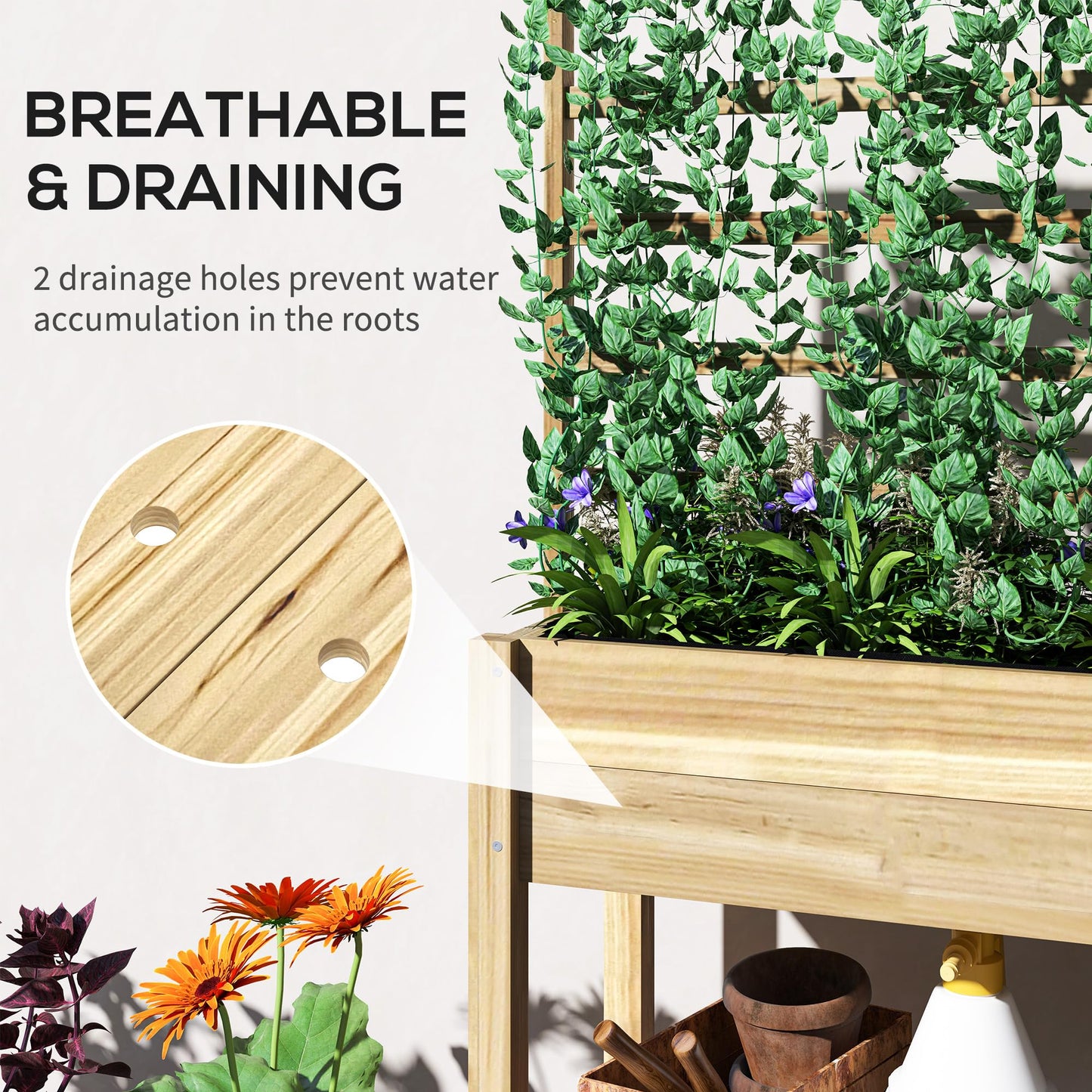 Outsunny Wooden Raised Garden Bed with Trellis, Elevated Planter Box with Storage Shelf, Drainage Holes and Liner, Outdoor Flower Box for Vegetables, Flowers, Herbs