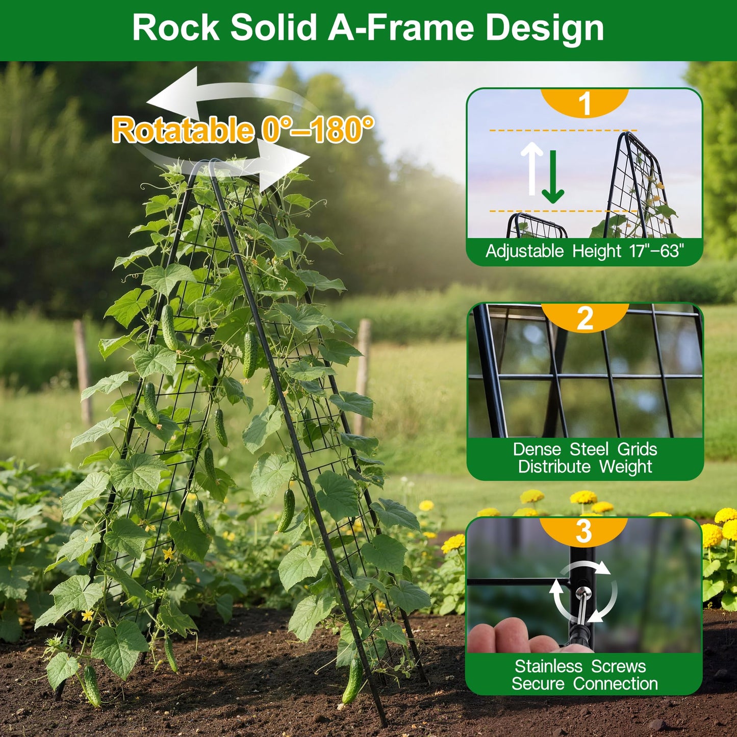 WAENLIR 50x17inch Cucumber Trellis Tomato cage with Dense Steel Grid–A-Frame Heavy Duty Metal Trellis for Raised Beds, Cattle Panels for Garden Trellis for Climbing Plants Outdoor (Black, 50x17inch)