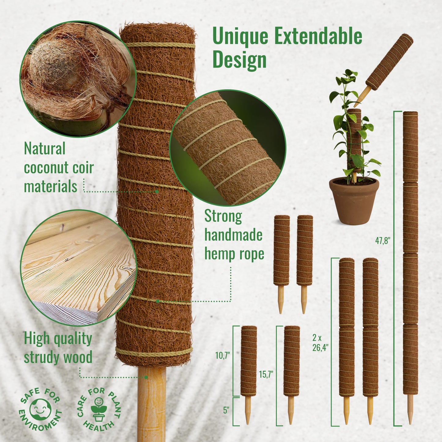 Organo Republic Moss Pole Monstera Plant Support Stakes - 2x26.4 or 48.7" Unique Self-Watering, Extendable Coco Coir Pole for Climbing Plant Supports for Potted Plants Indoor, Totem Pole for Pothos