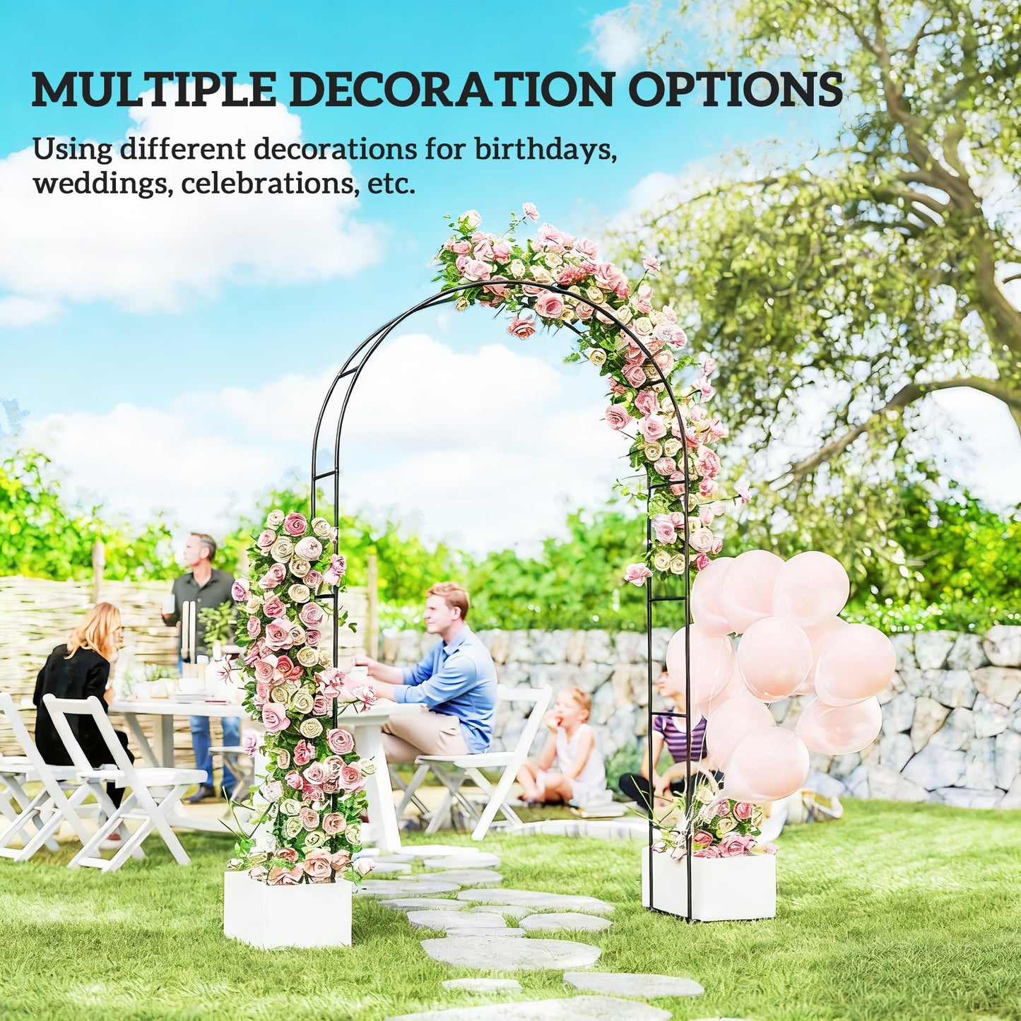 Outsunny 8 ft Steel Garden Arch, Garden Arbor Trellis with Large Base for Climbing Plants, Roses, Vines, Wedding Arch Stand for Outdoor, Lawn, Backyard, Black