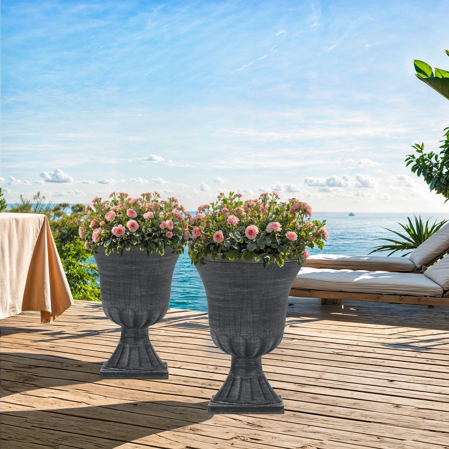 Autodaya 22" Timeless Urn Planters for Outdoor Plants, Set of 2 Plastic Large Flower Pot with Handmade Washed Black Finish, Weather-Resistant for Porch, Garden, Patio or Indoor Use